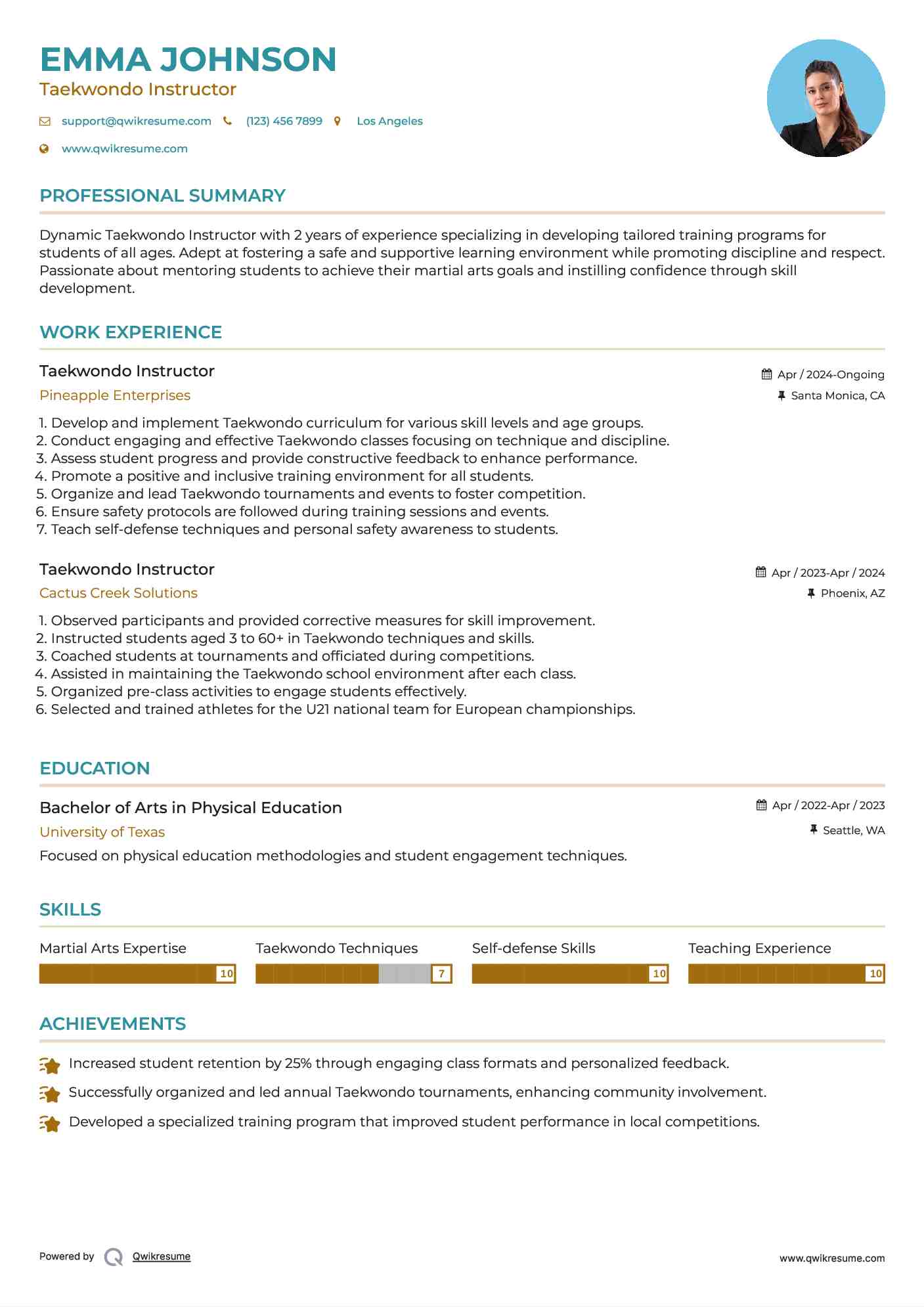 Taekwondo Instructor Resume Template