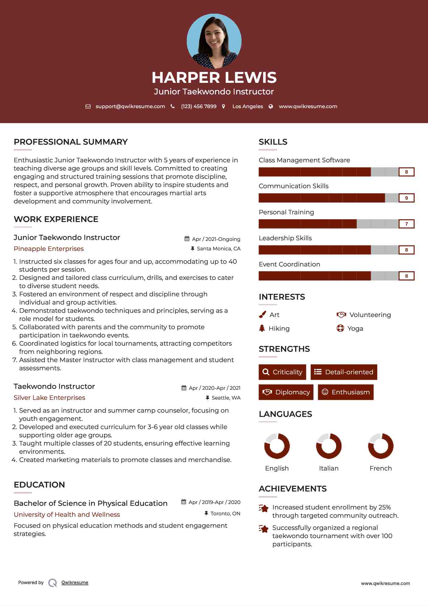 Junior Taekwondo Instructor Resume Sample