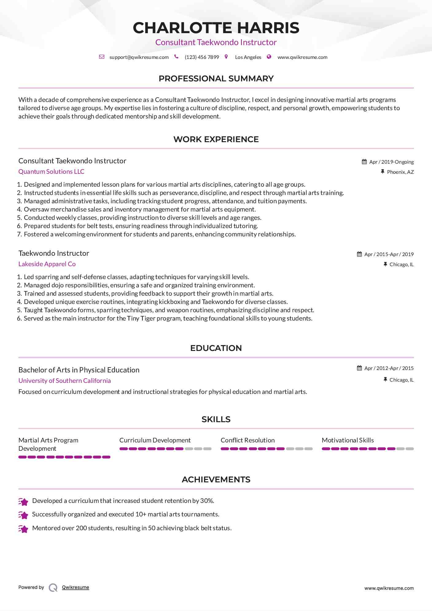 Consultant Taekwondo Instructor Resume Model