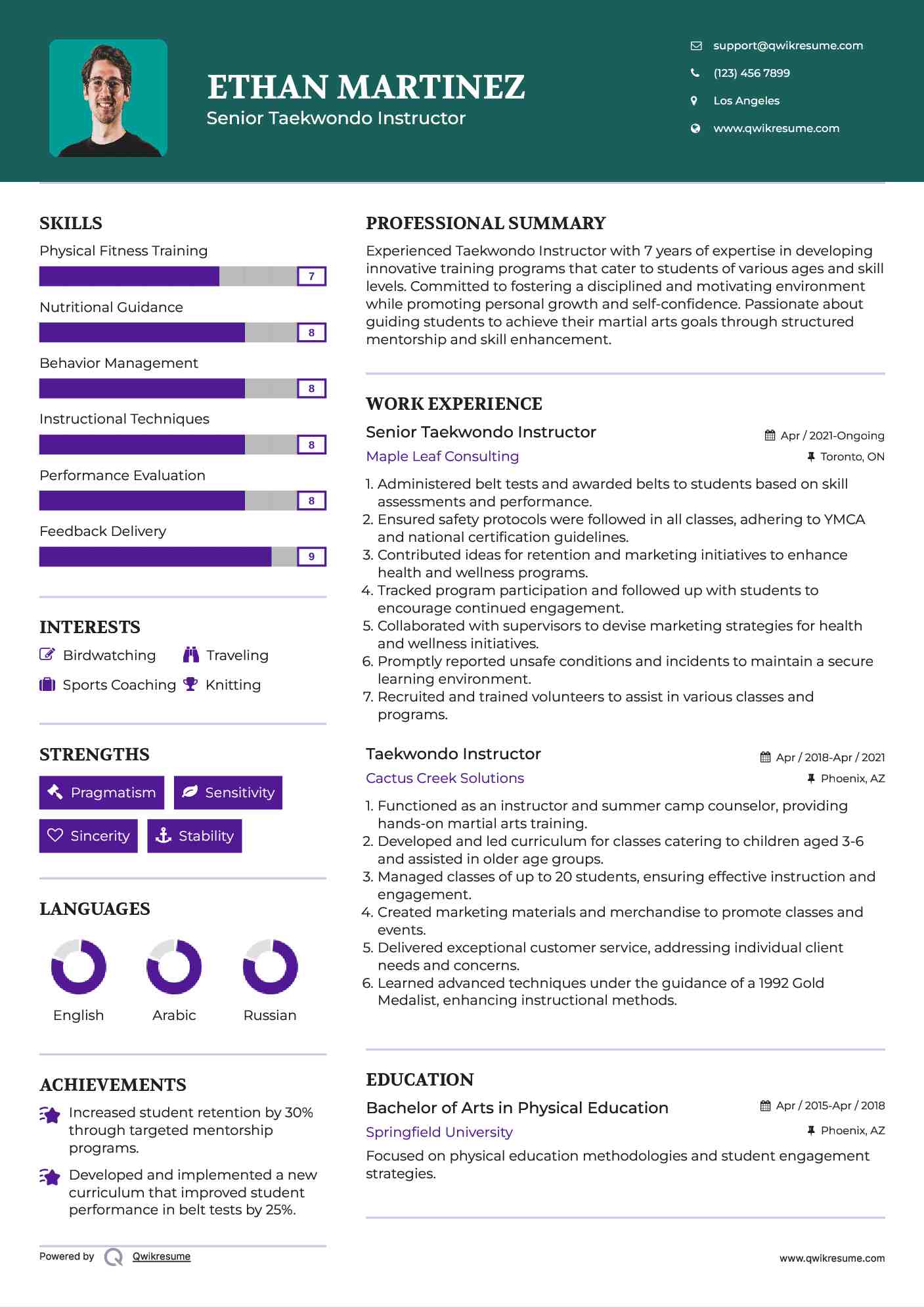 Senior Taekwondo Instructor Resume Sample