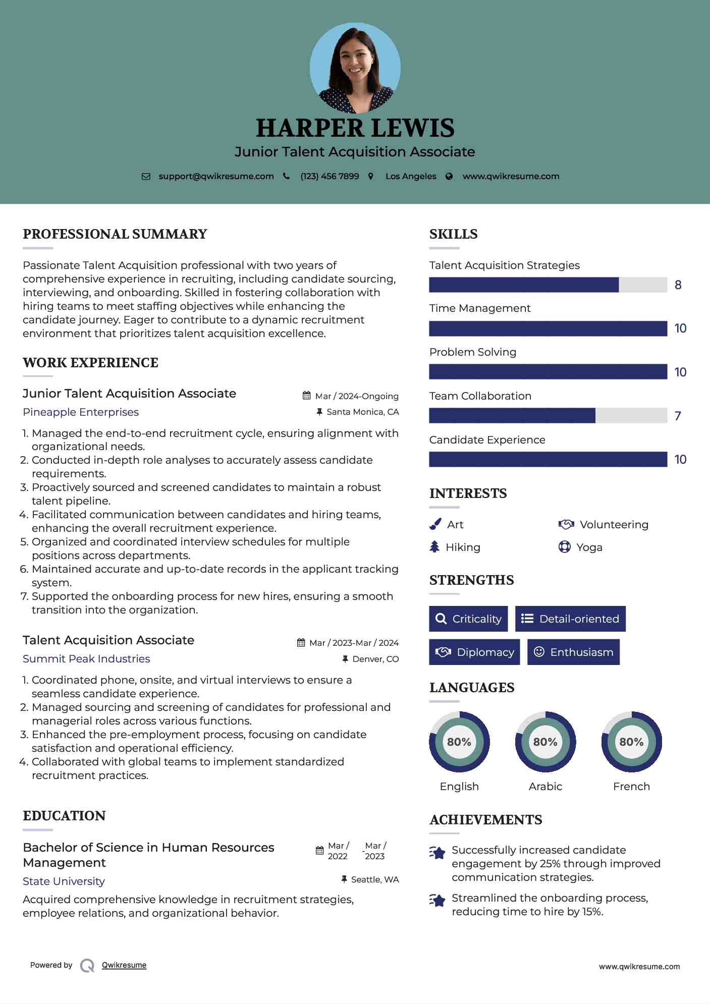 Junior Talent Acquisition Associate Resume Example