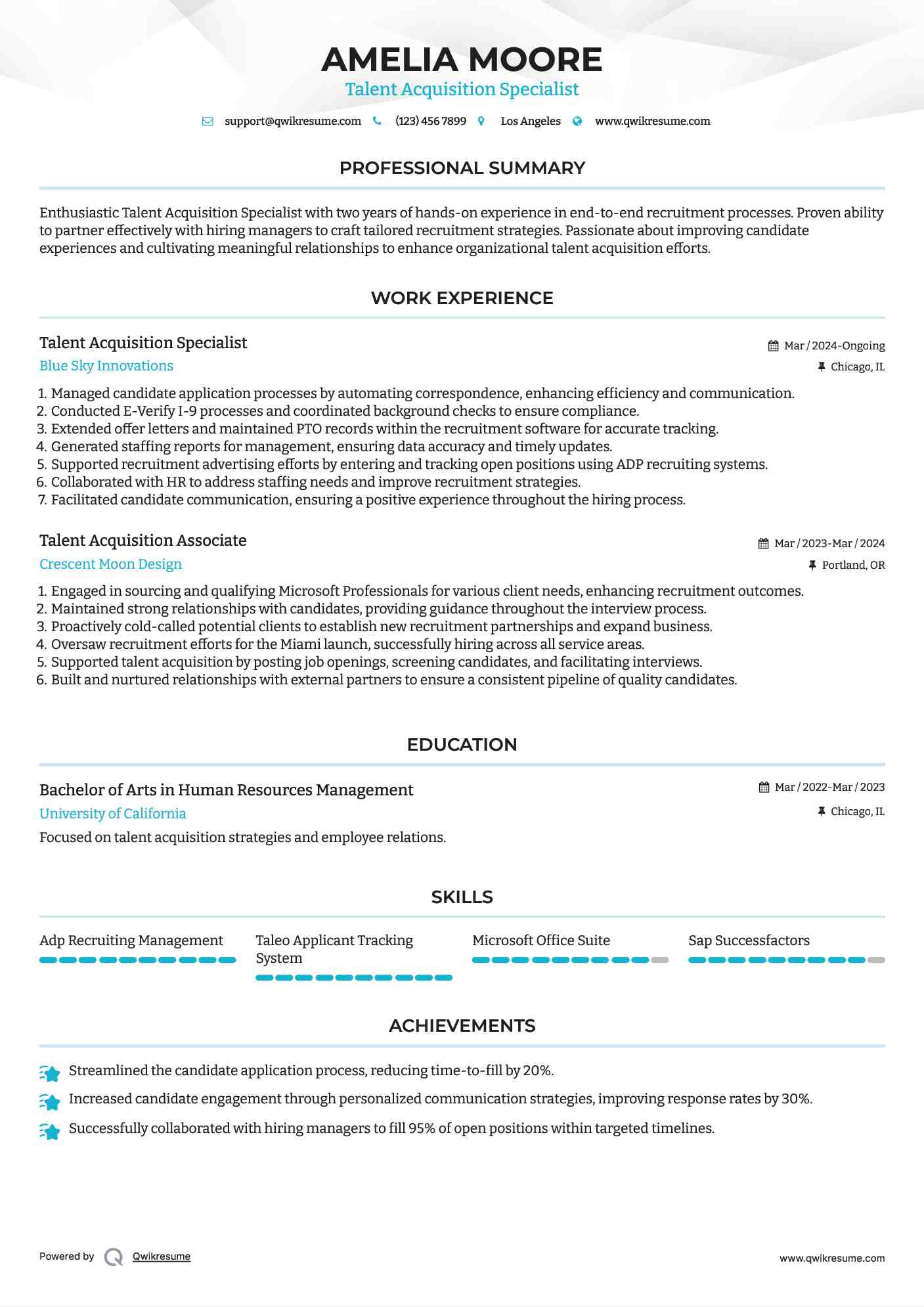 Talent Acquisition Specialist Resume Sample