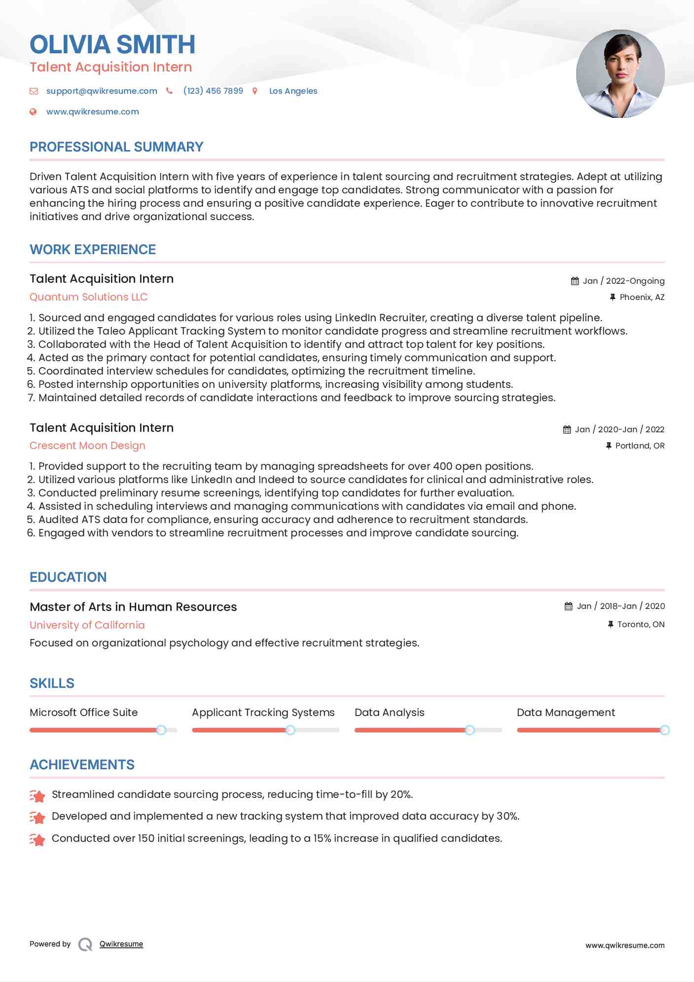 Talent Acquisition Intern Resume Sample