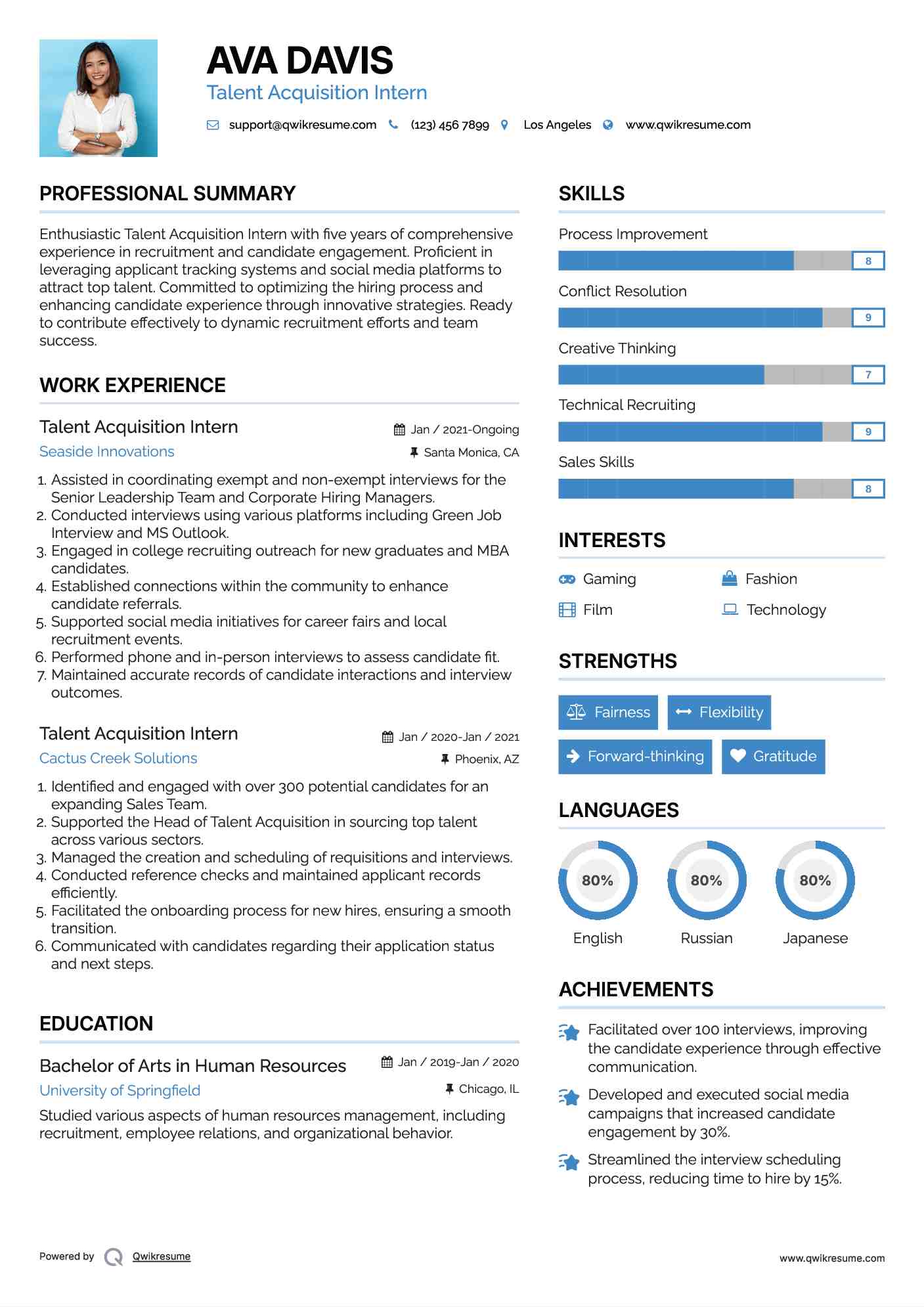 Talent Acquisition Intern Resume Example