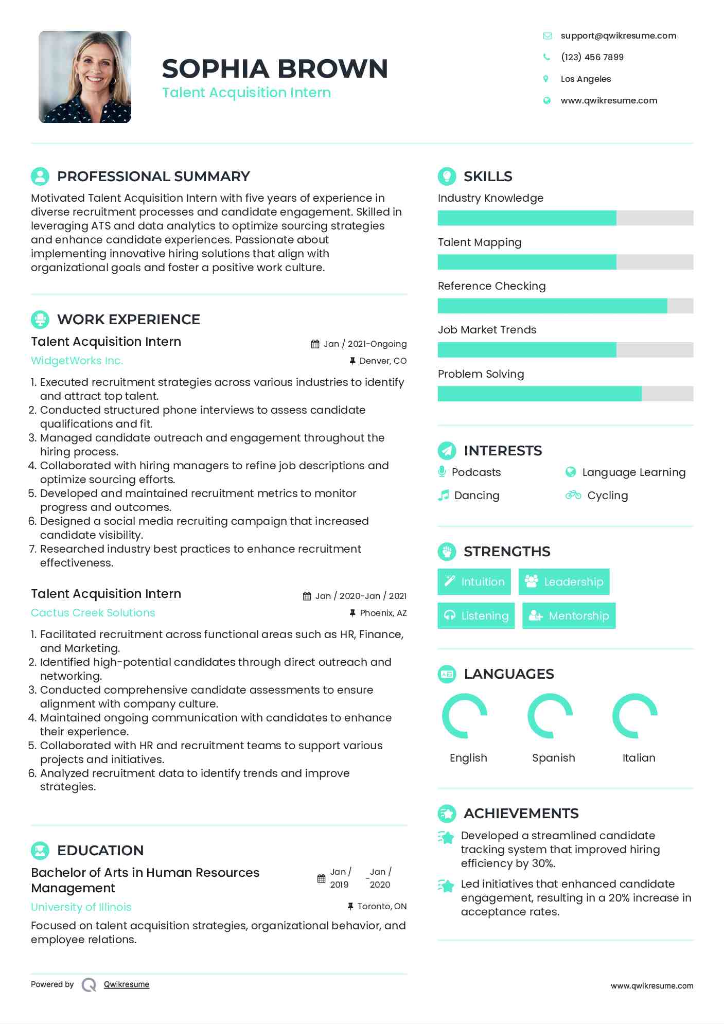 Talent Acquisition Intern Resume Model