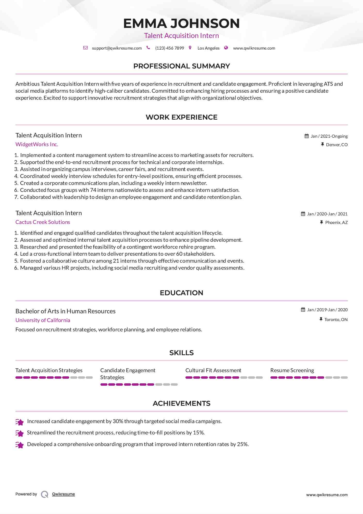 Talent Acquisition Intern Resume Template