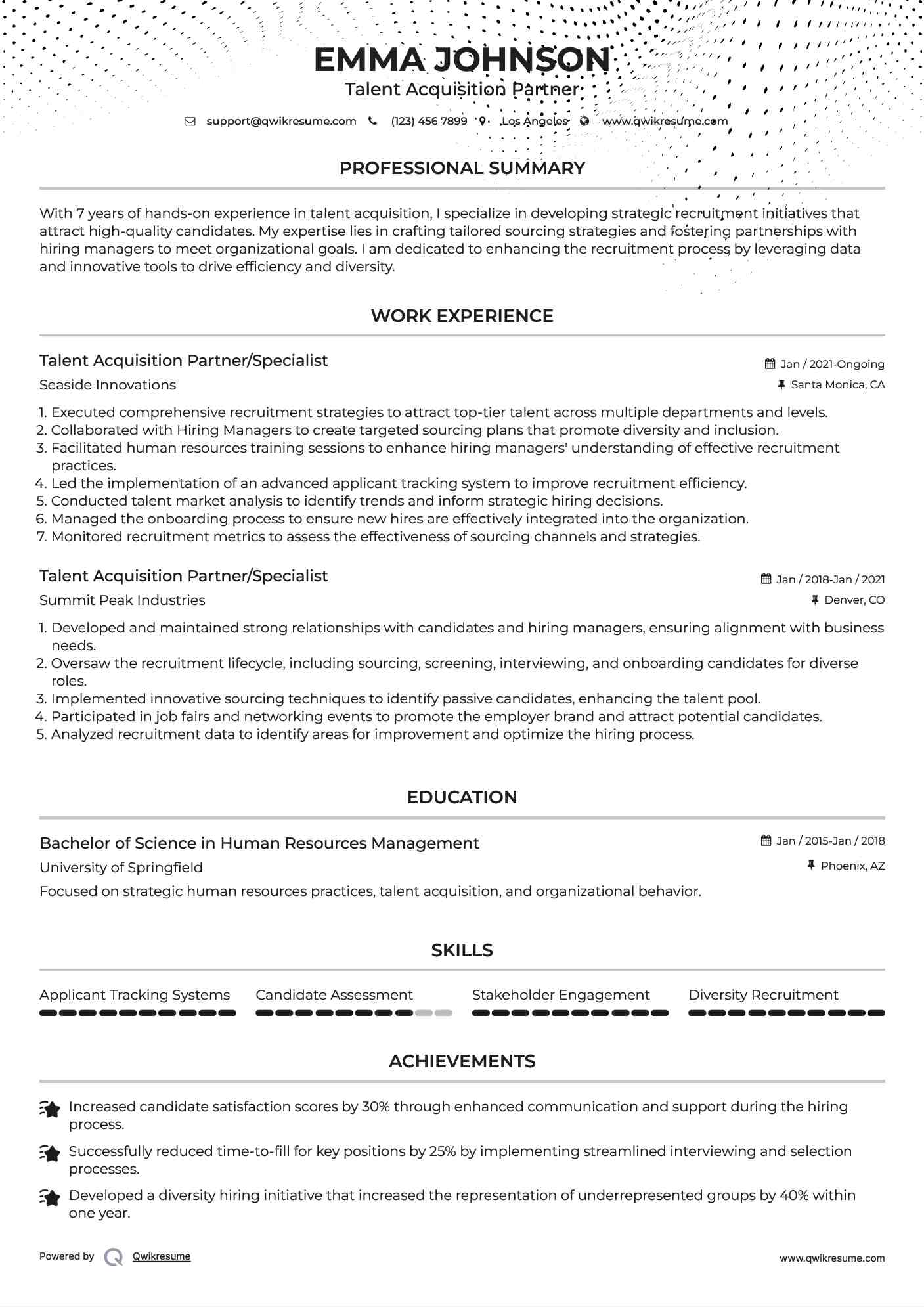 Talent Acquisition Partner/Specialist Resume Format