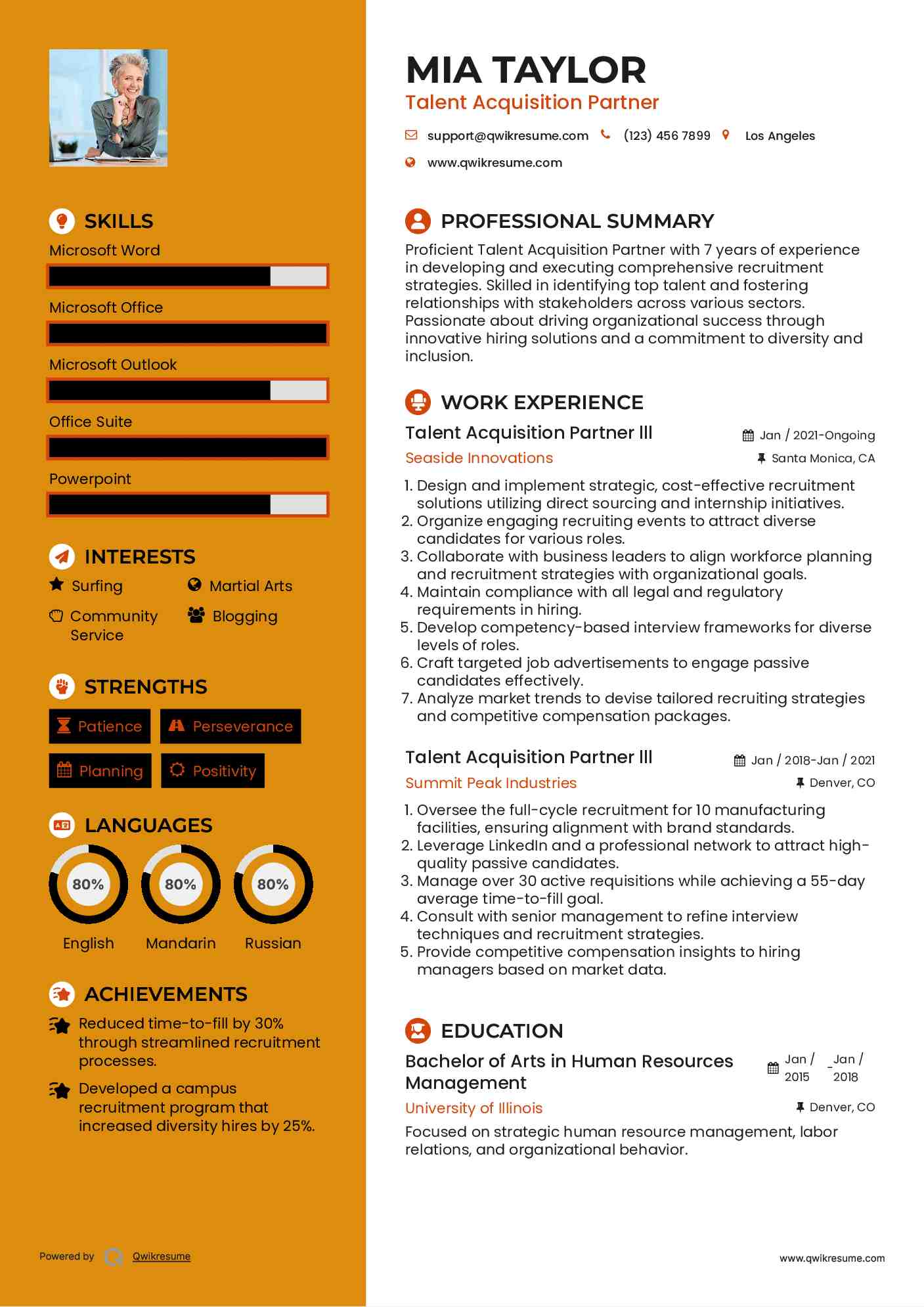 Talent Acquisition Partner lll Resume Example