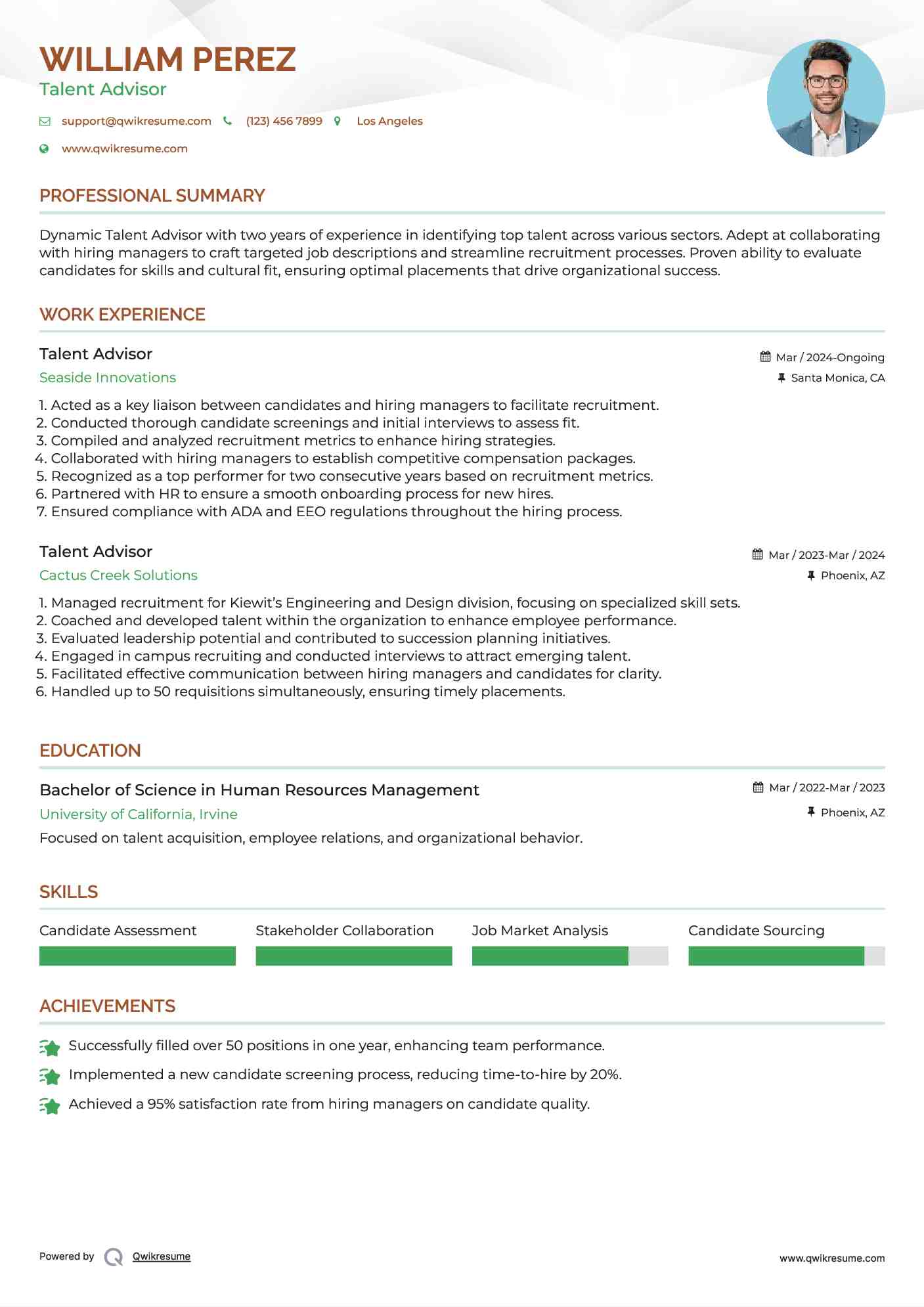 Talent Advisor Resume Sample