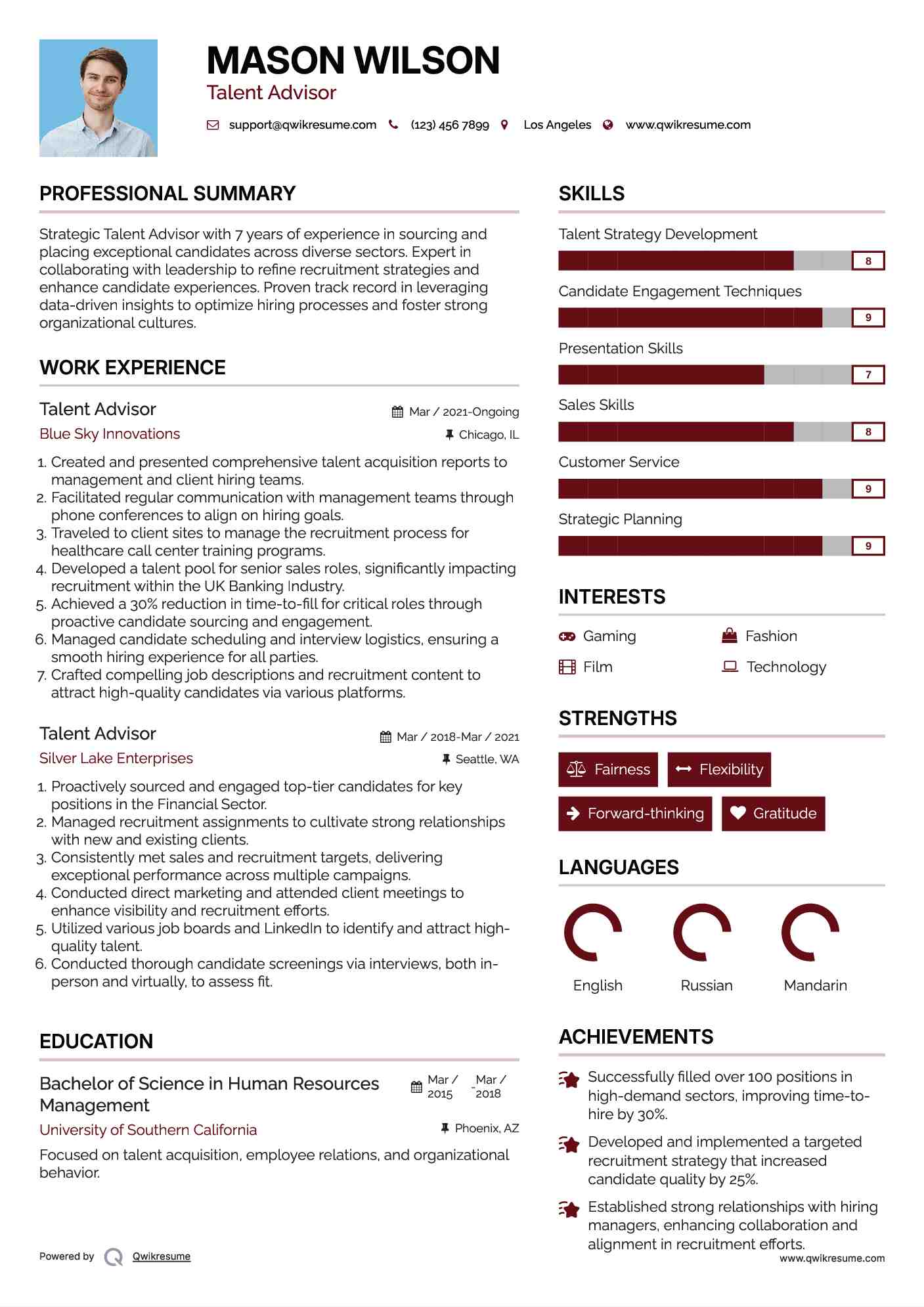 Talent Advisor Resume Sample