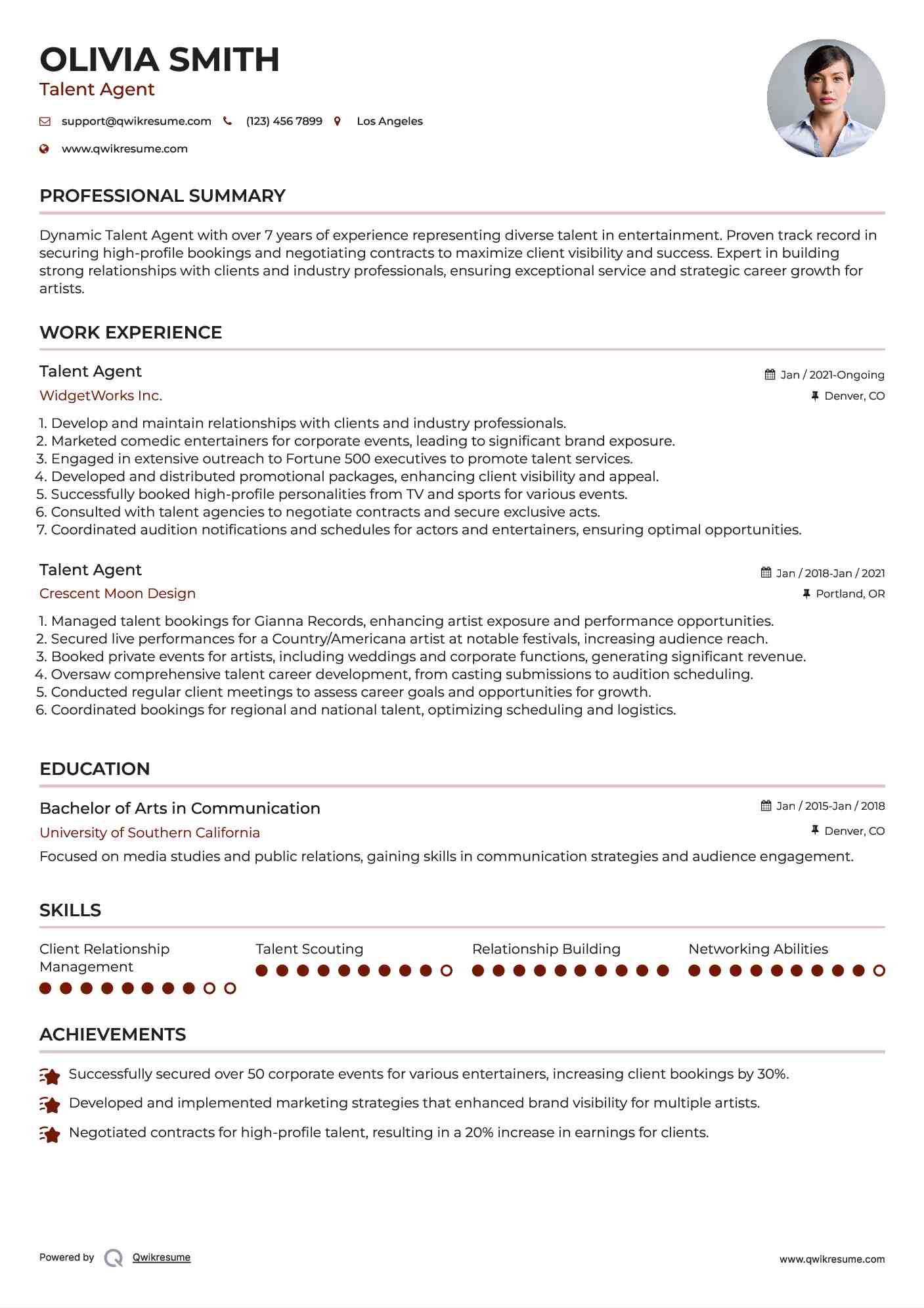 Talent Agent Resume Model
