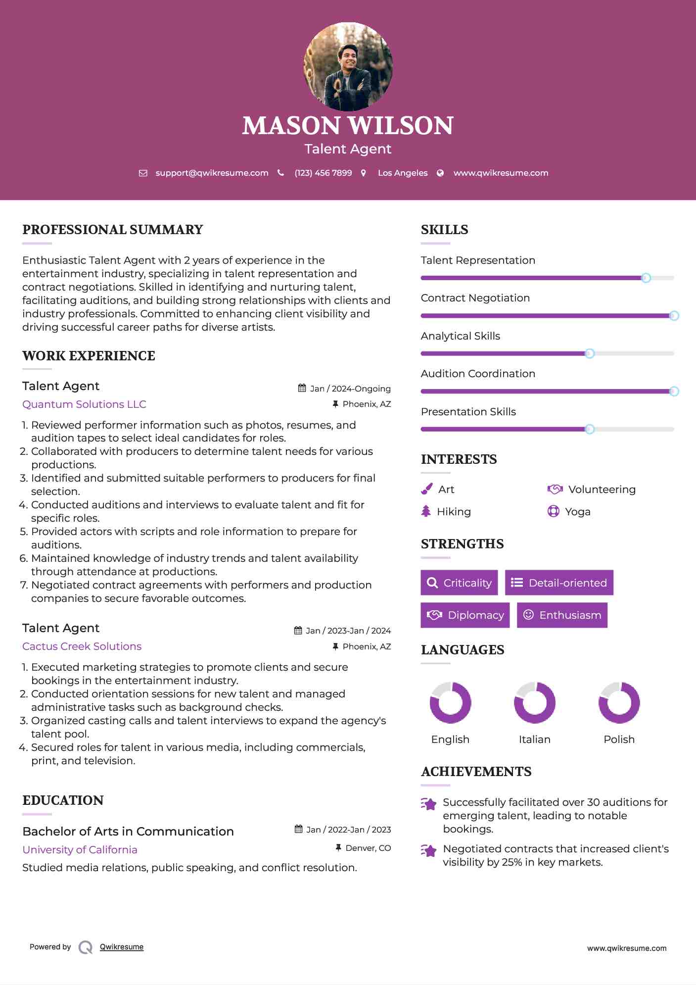 Talent Agent Resume Model