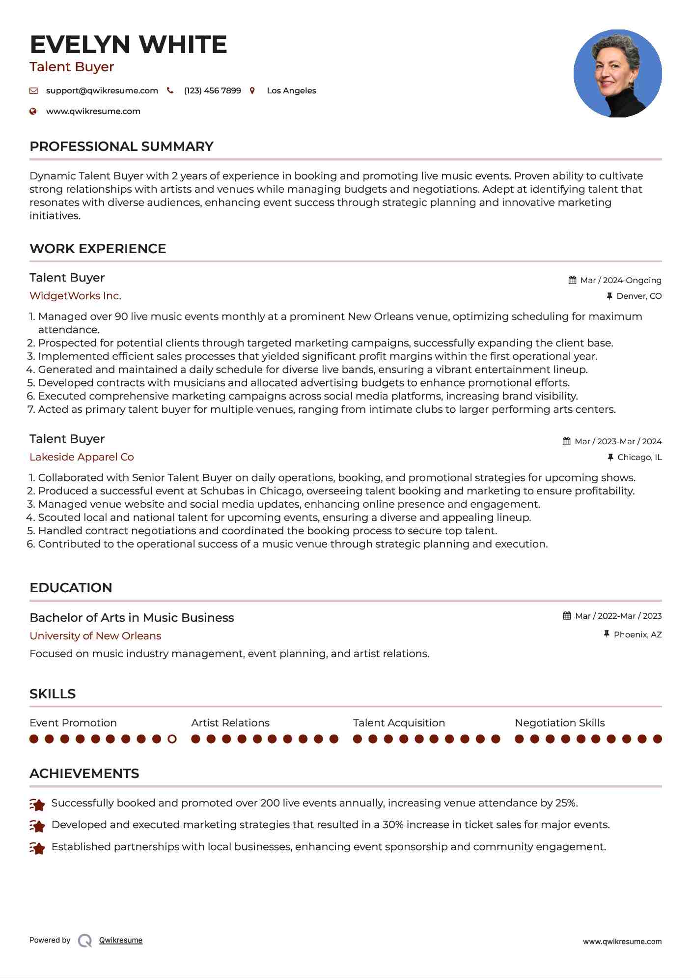 Talent Buyer Resume Format