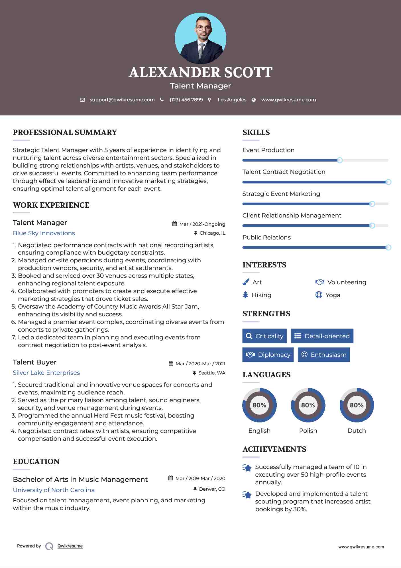 Talent Manager Resume Sample