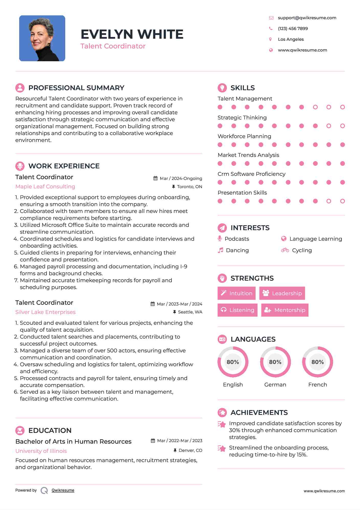 Talent Coordinator Resume Example