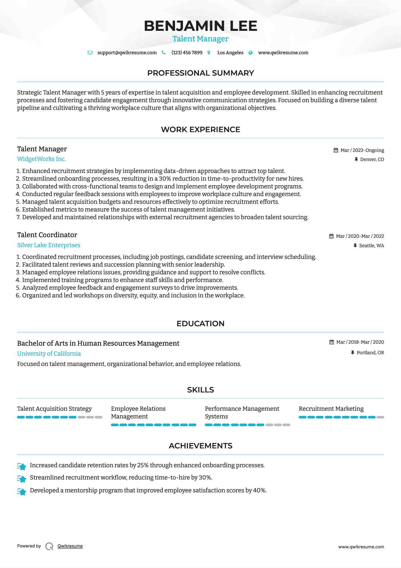 Talent Manager Resume Example