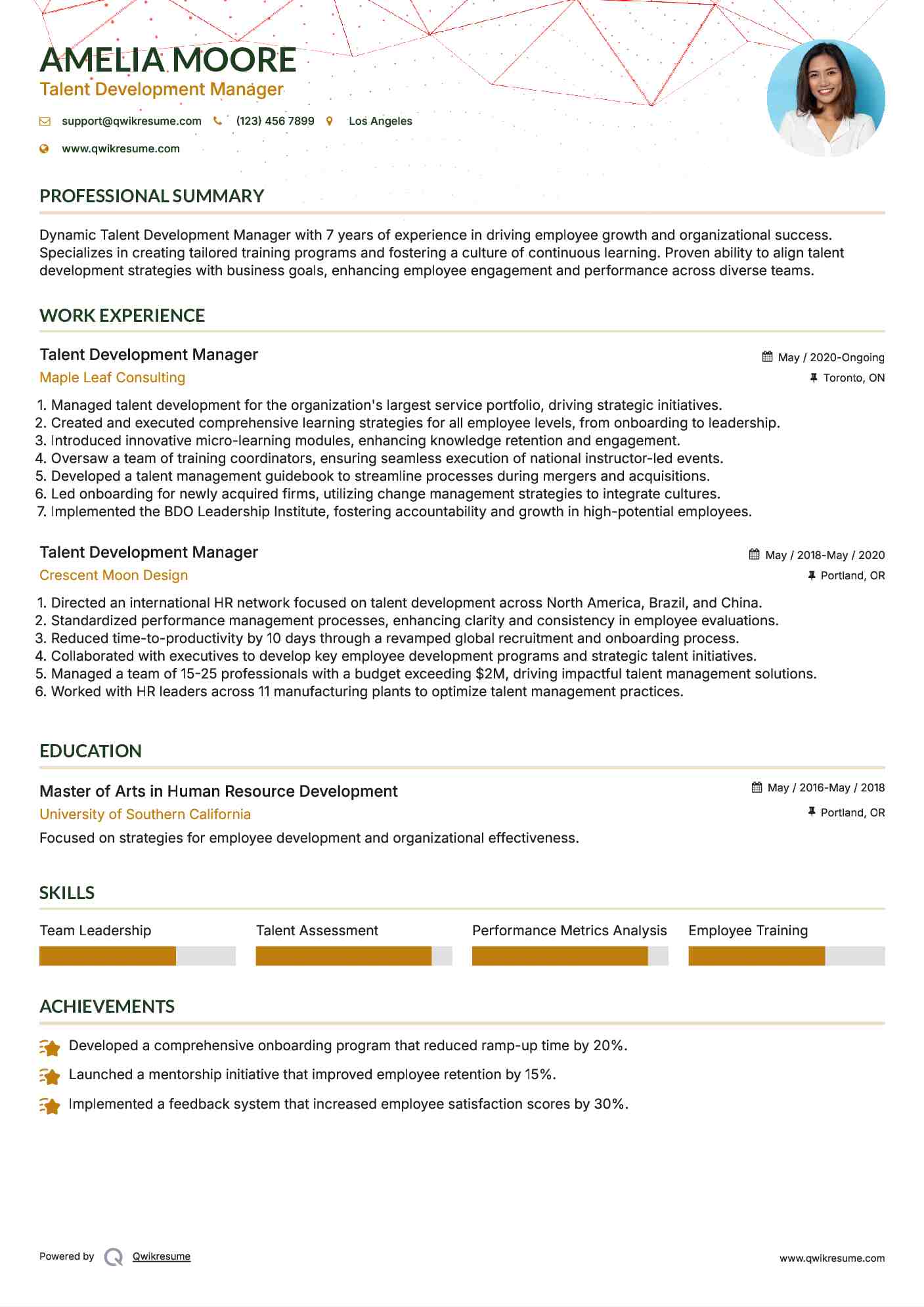 Talent Development Manager Resume Model