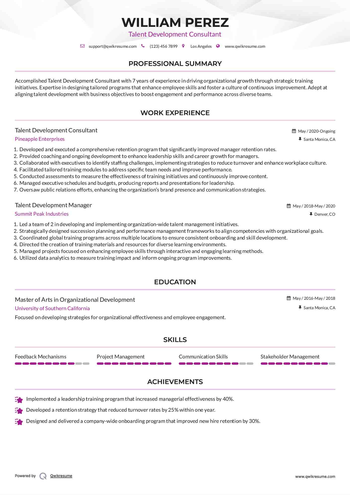 Talent Development Consultant Resume Format
