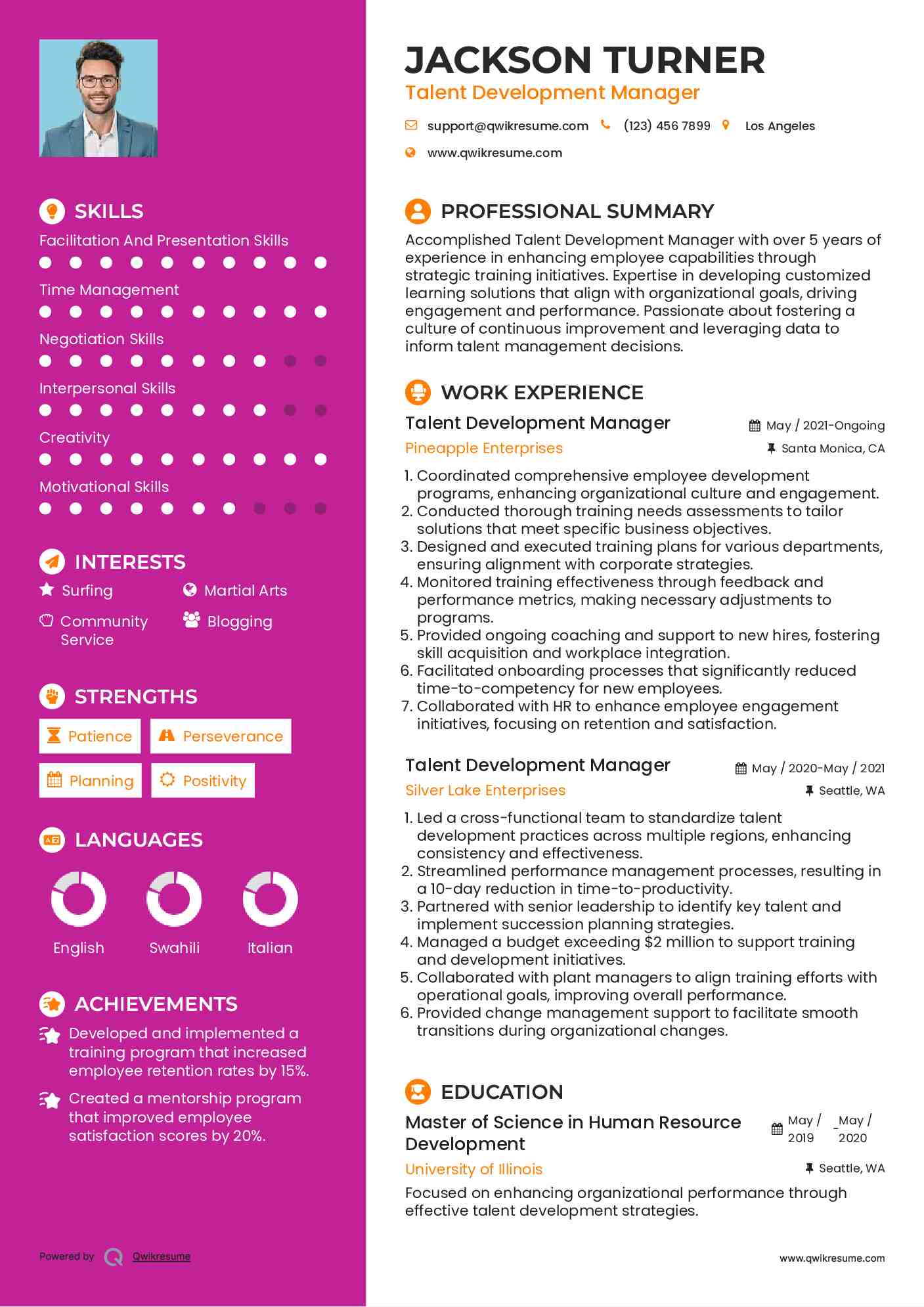 Talent Development Manager Resume Template