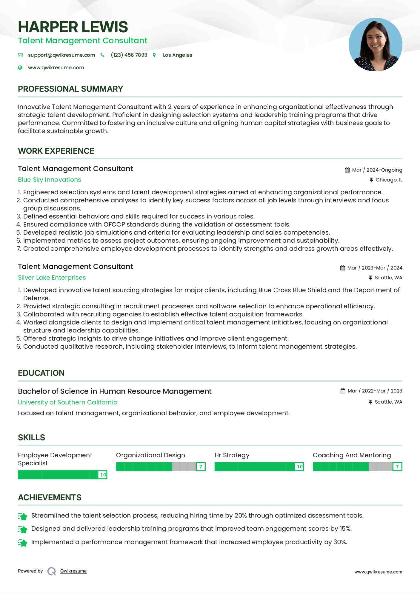Talent Management Consultant Resume Template