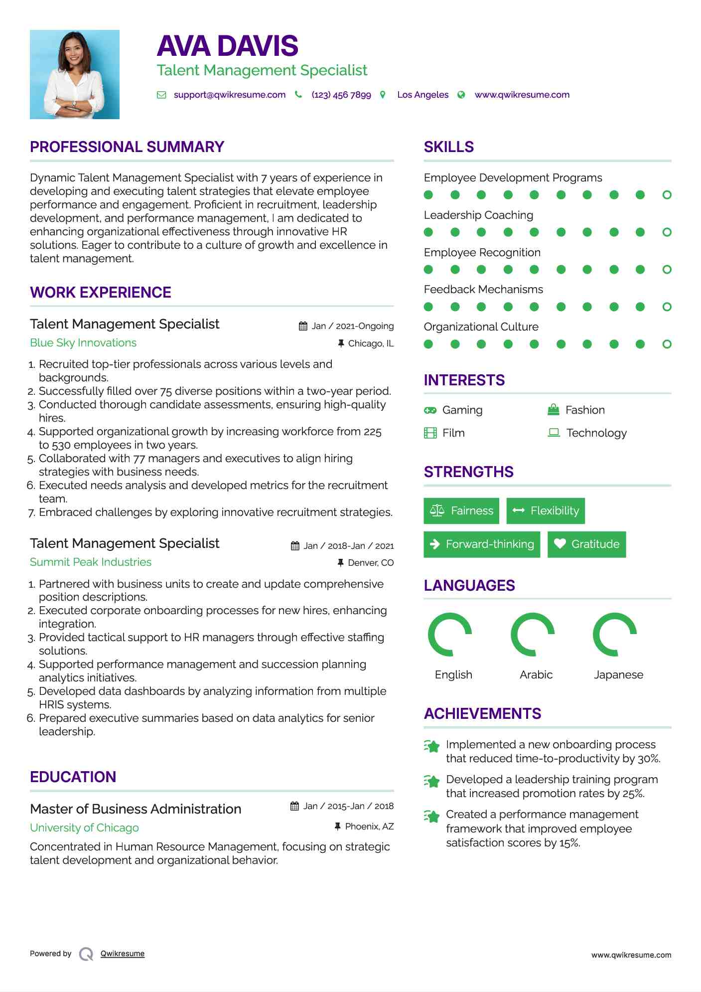 Talent Management Specialist Resume Example