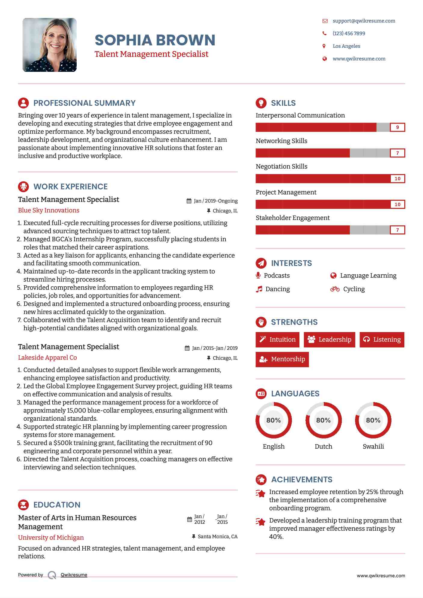 Talent Management Specialist Resume Format
