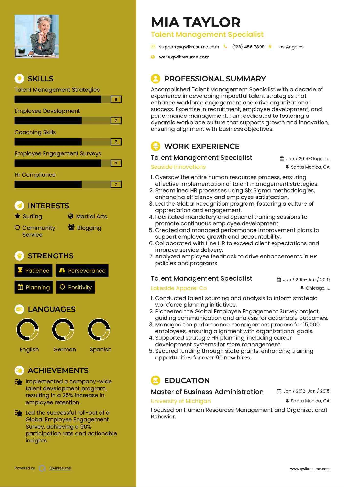 Talent Management Specialist Resume Template