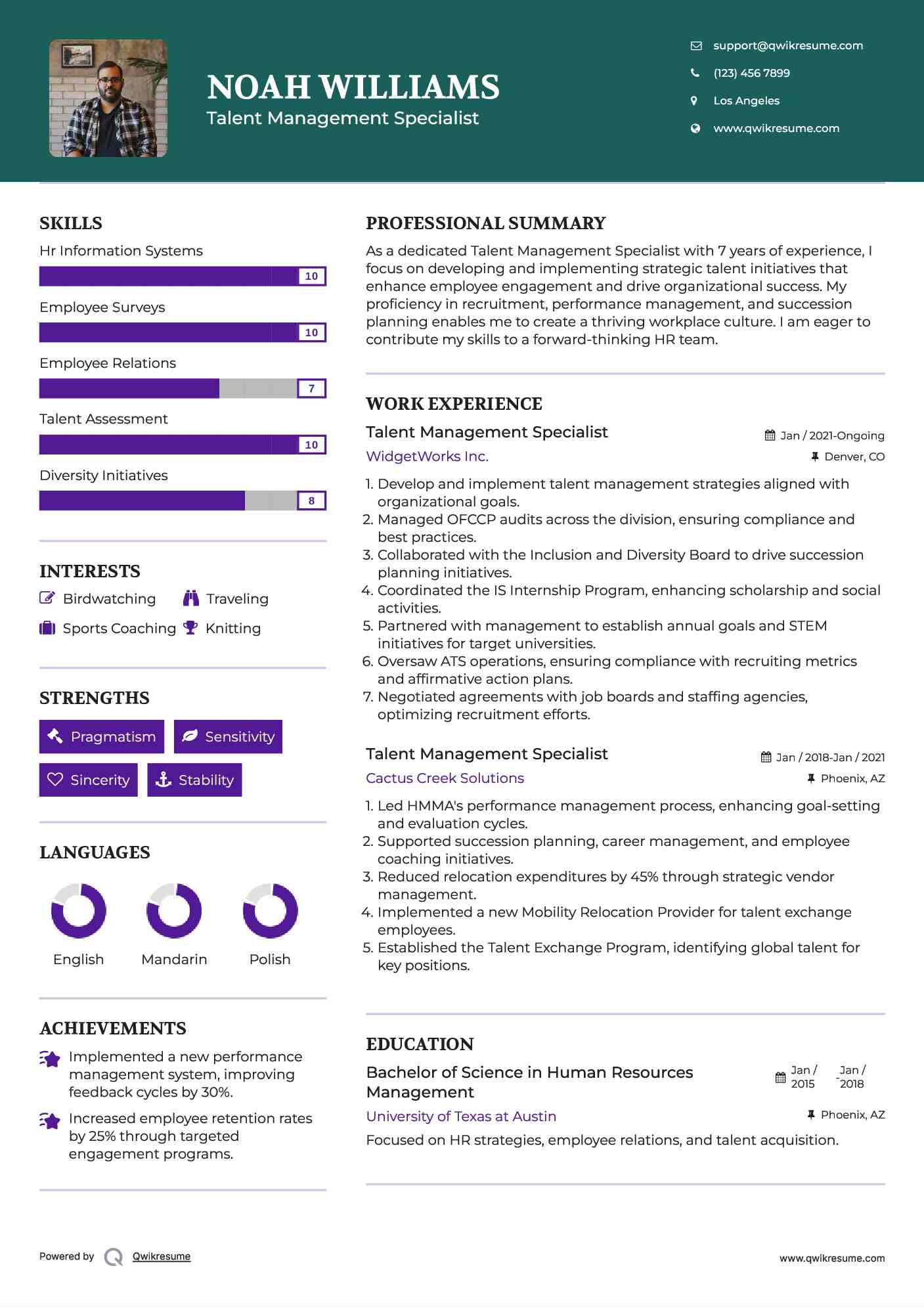 Talent Management Specialist Resume Model