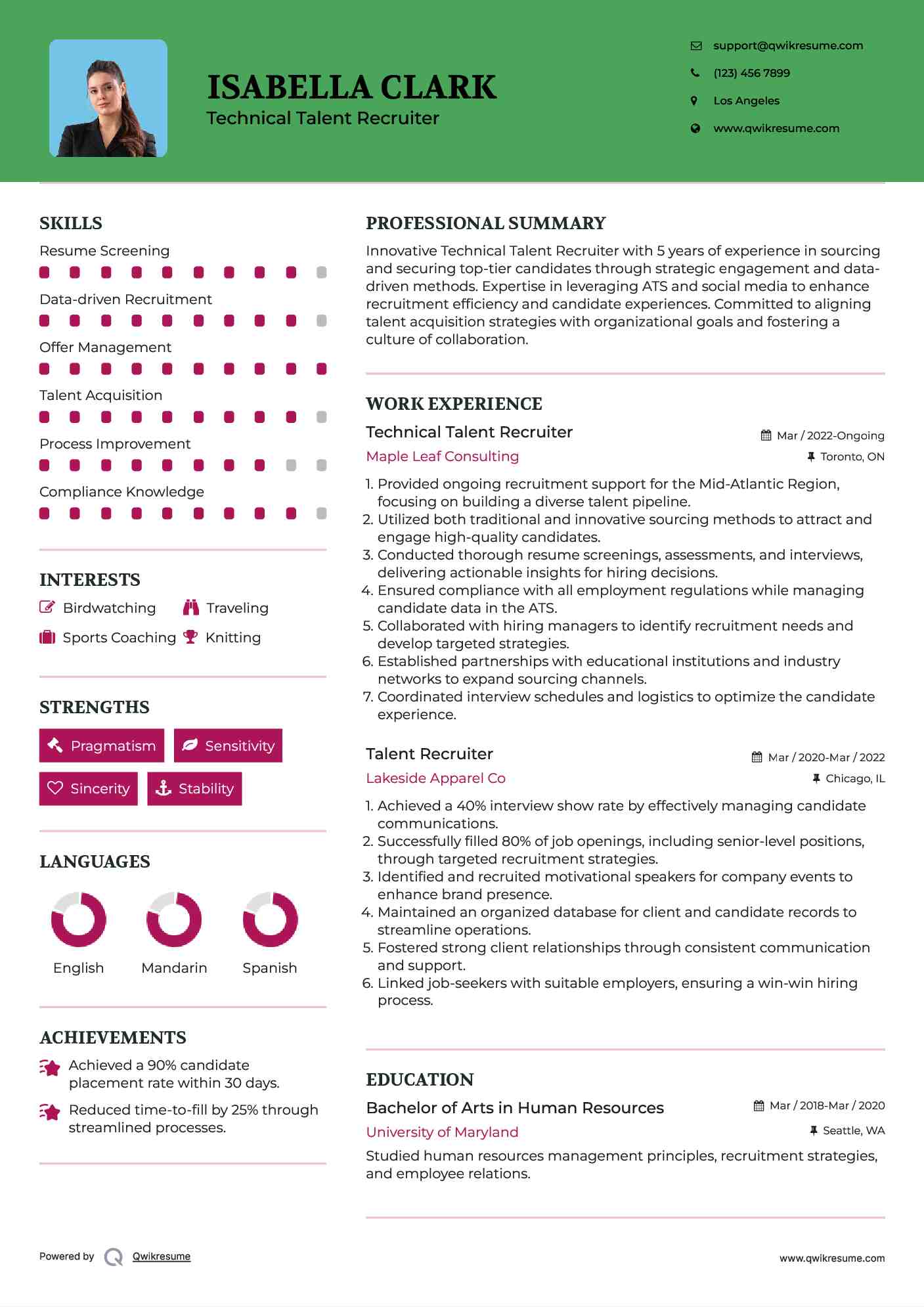 Technical Talent Recruiter Resume Example