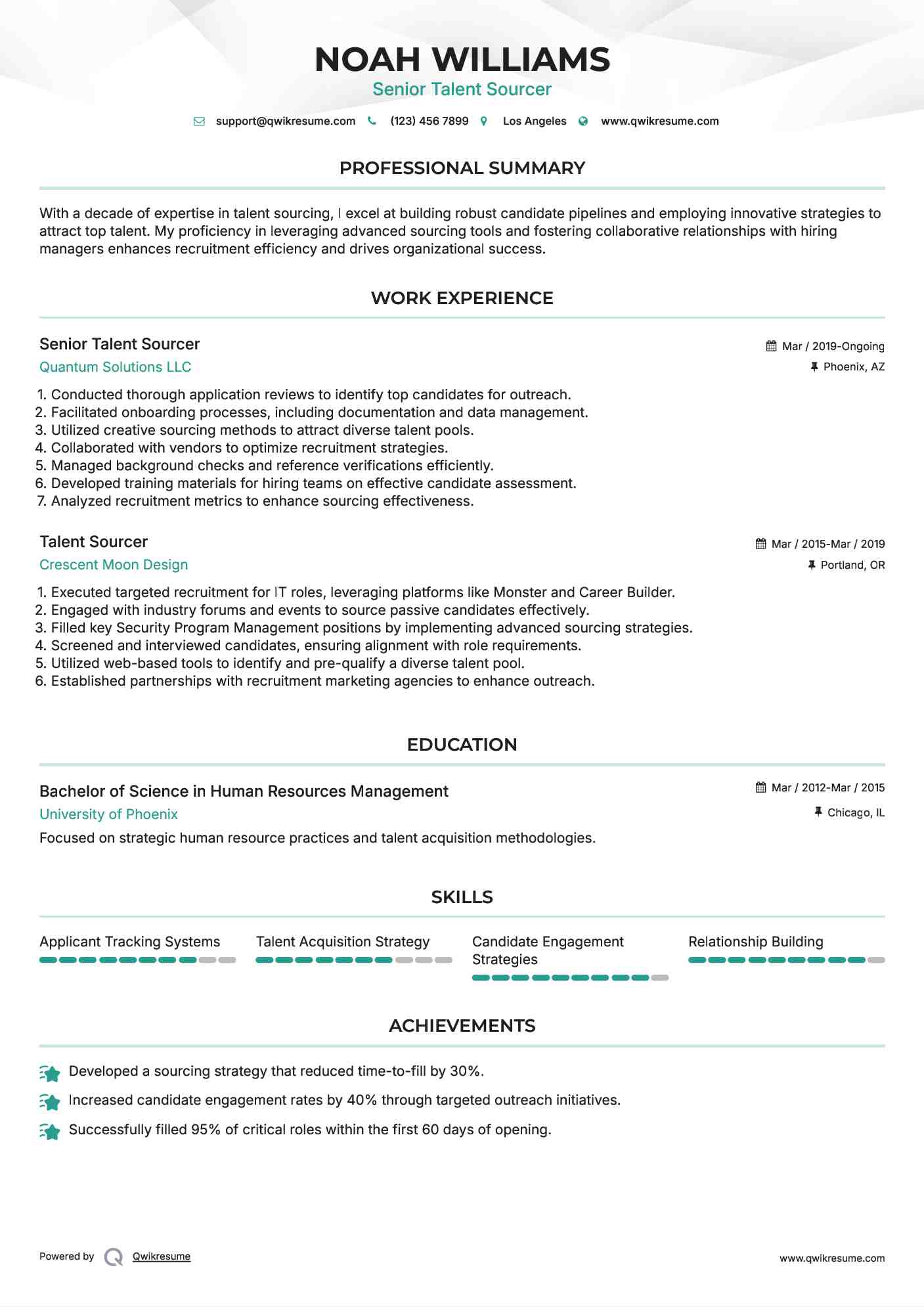 Senior Talent Sourcer Resume Example