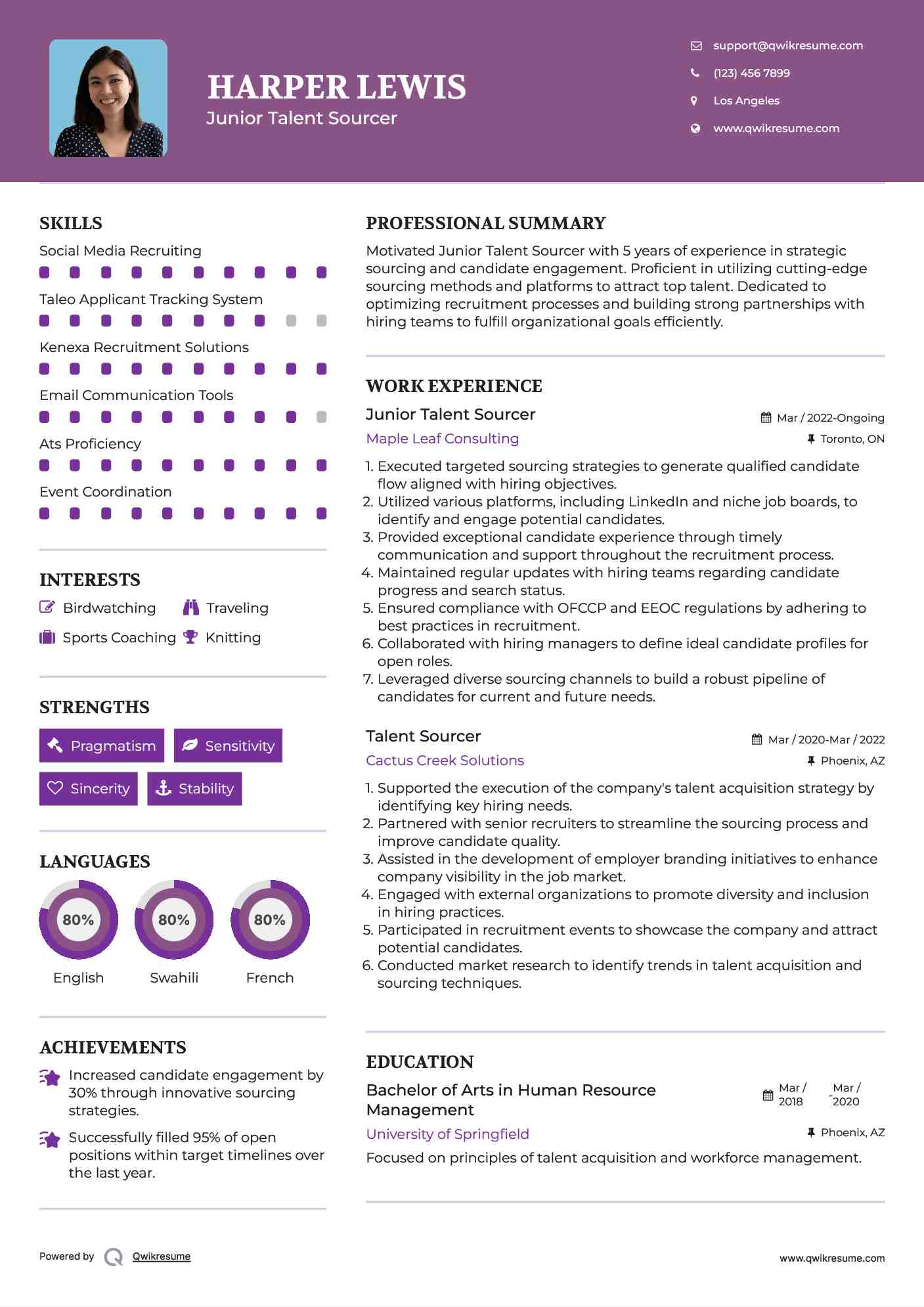 Junior Talent Sourcer Resume Model