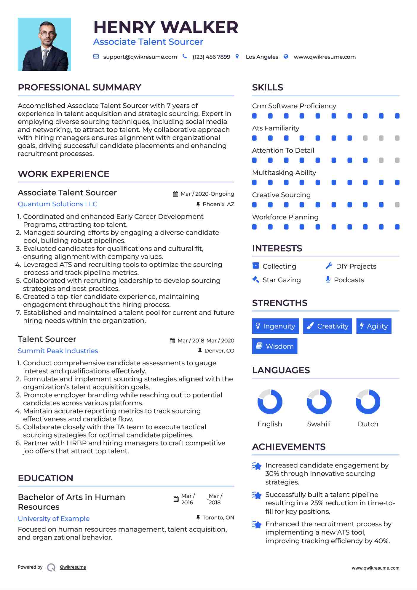 Associate Talent Sourcer Resume Example