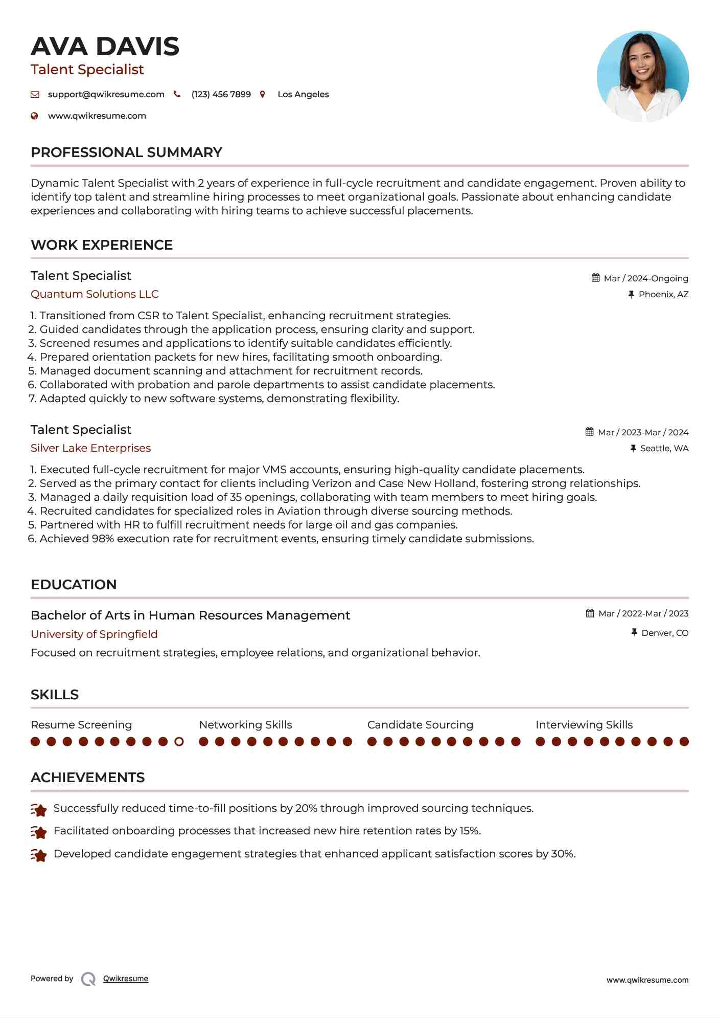 Talent Specialist Resume Example