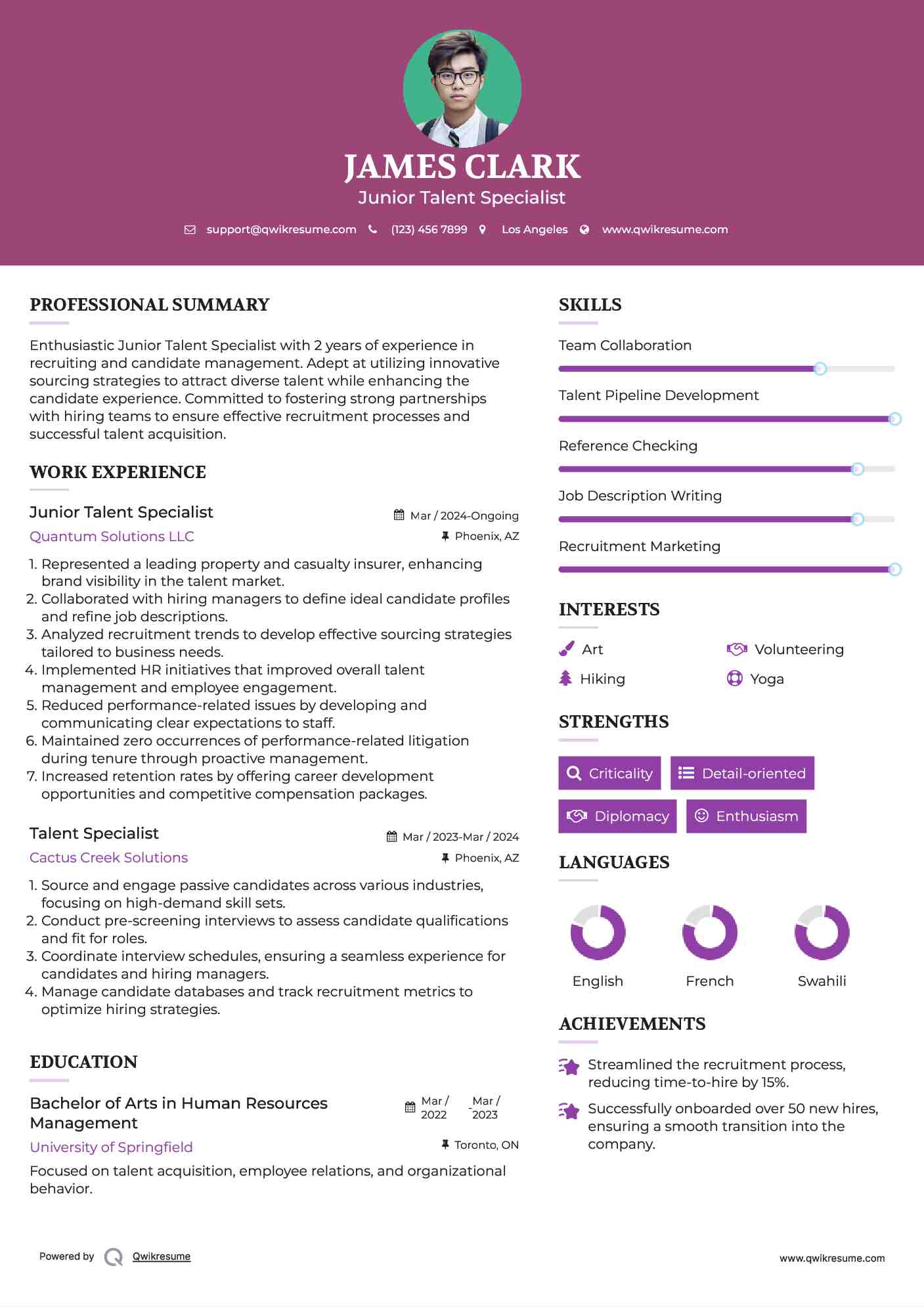 Junior Talent Specialist Resume Sample