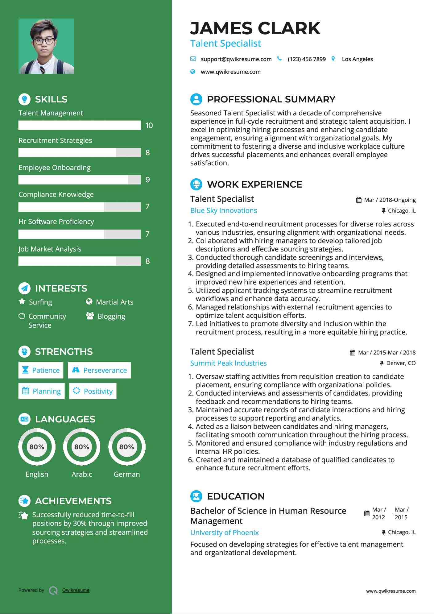Talent Specialist Resume Sample