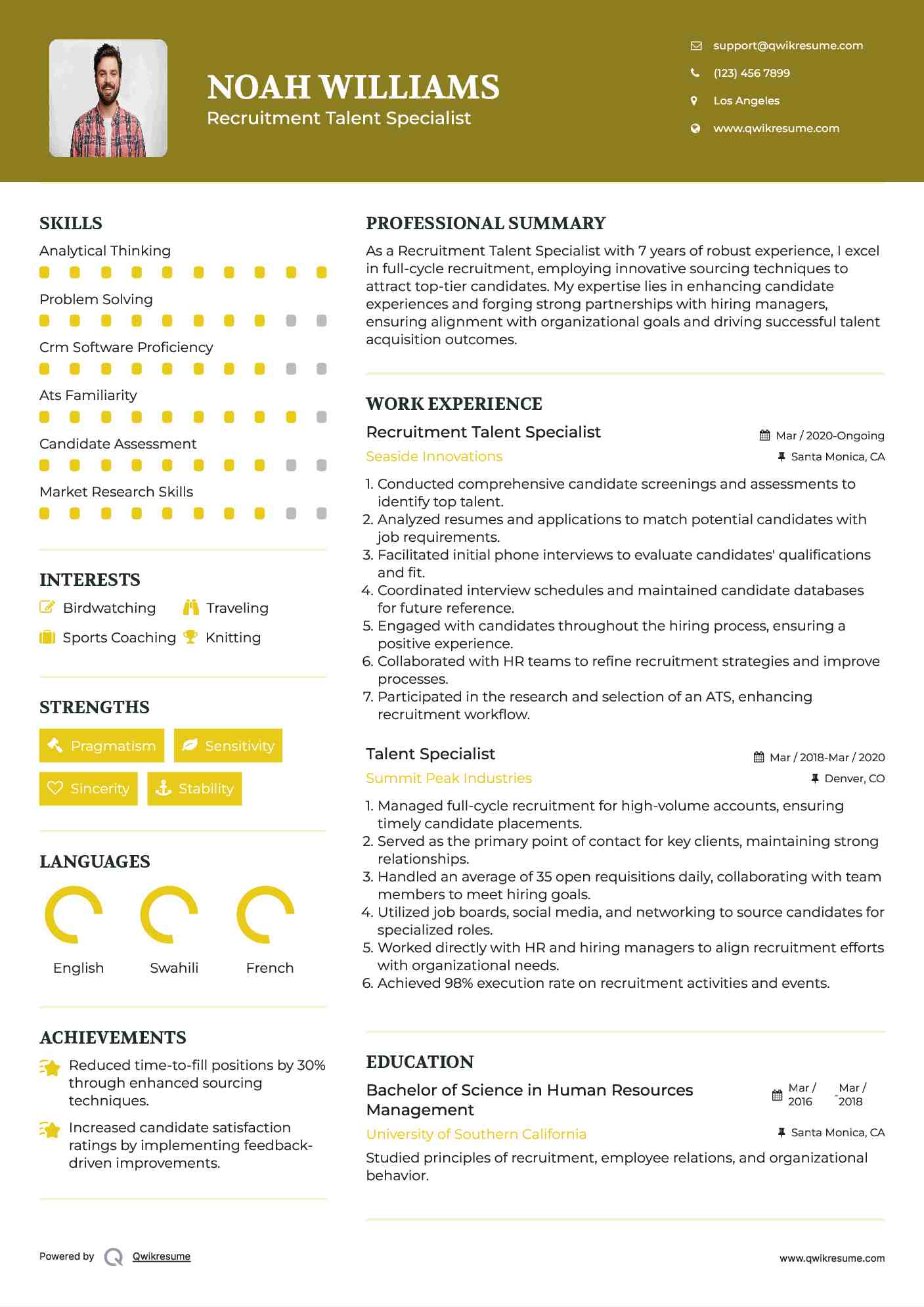 Recruitment Talent Specialist Resume Example