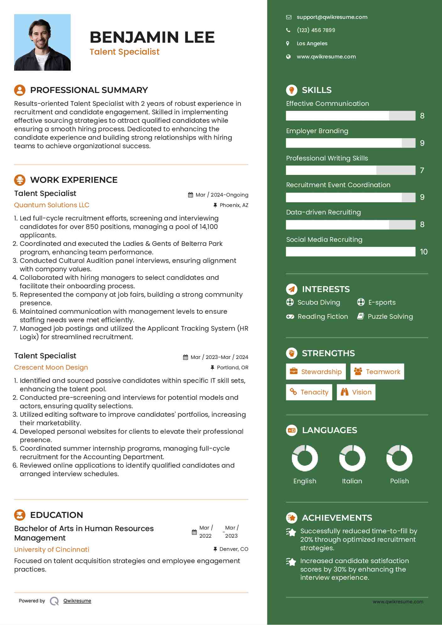 Talent Specialist Resume Example