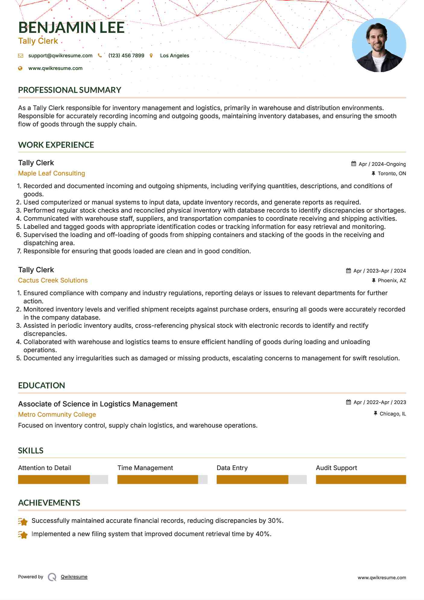 Tally Clerk Resume Sample