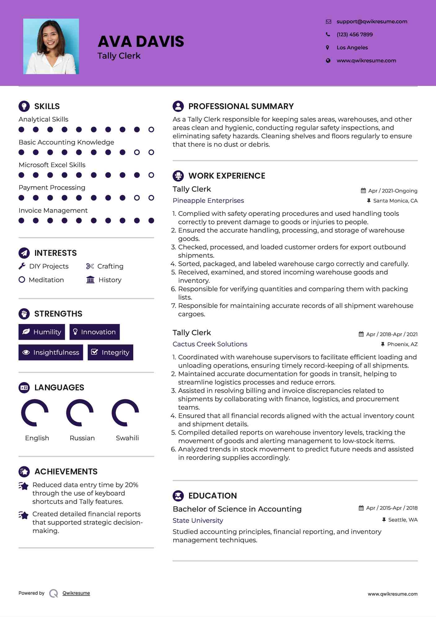 Tally Clerk Resume Sample