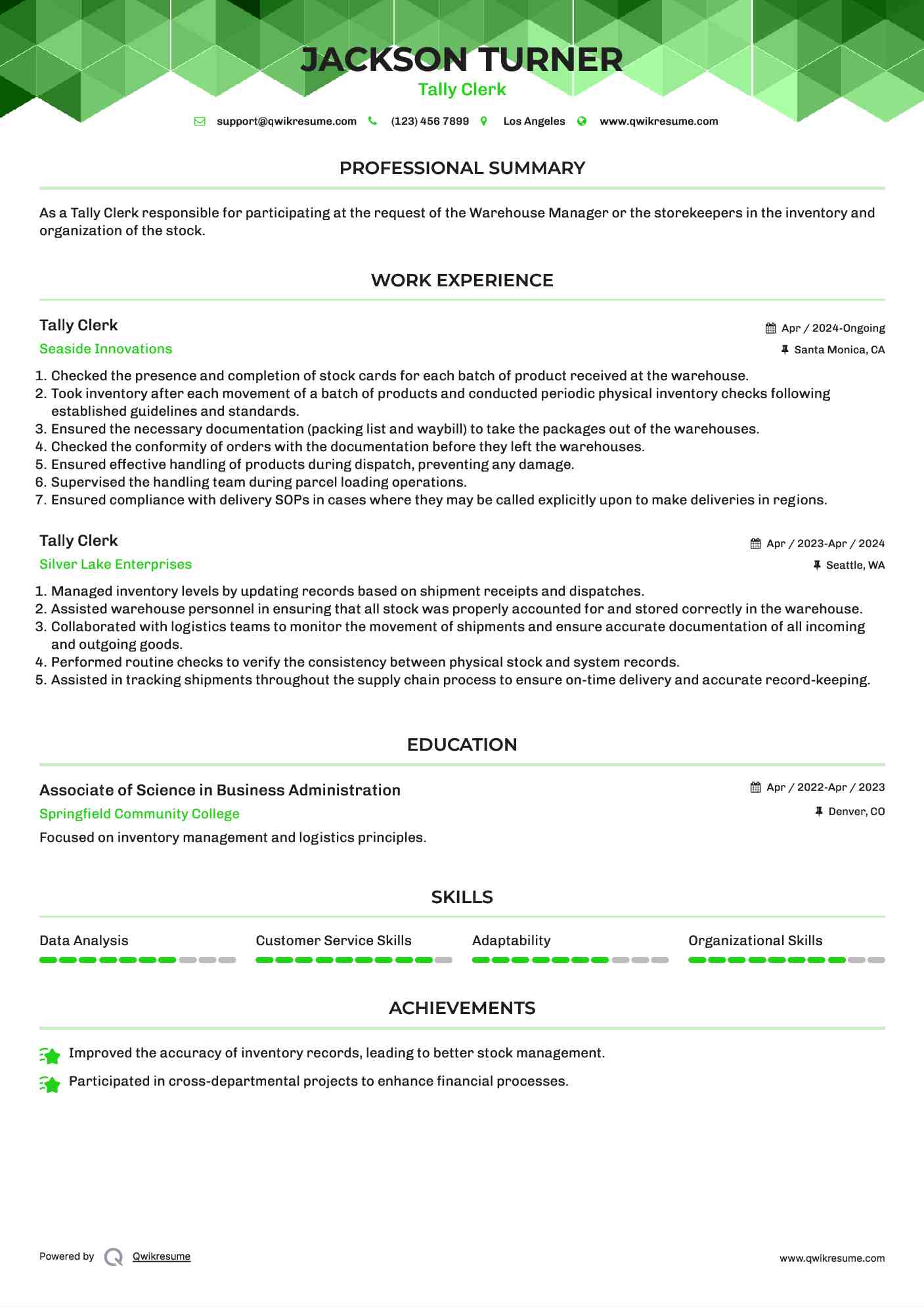 Tally Clerk Resume Sample