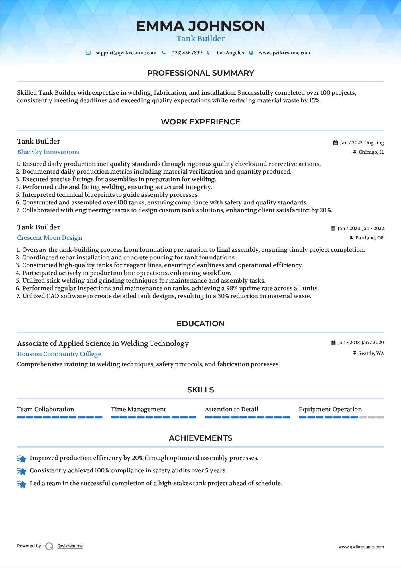 Tank Builder Resume Format