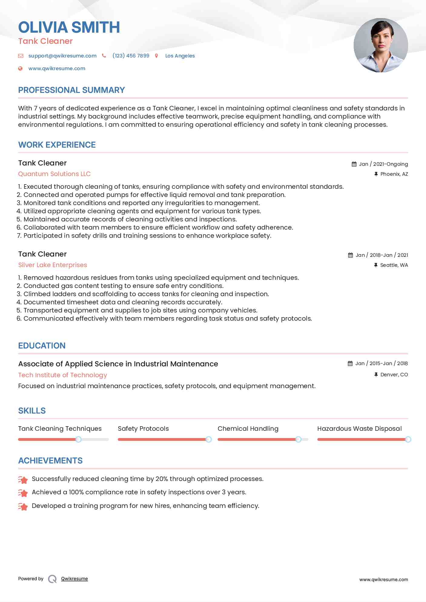 Tank Cleaner Resume Model