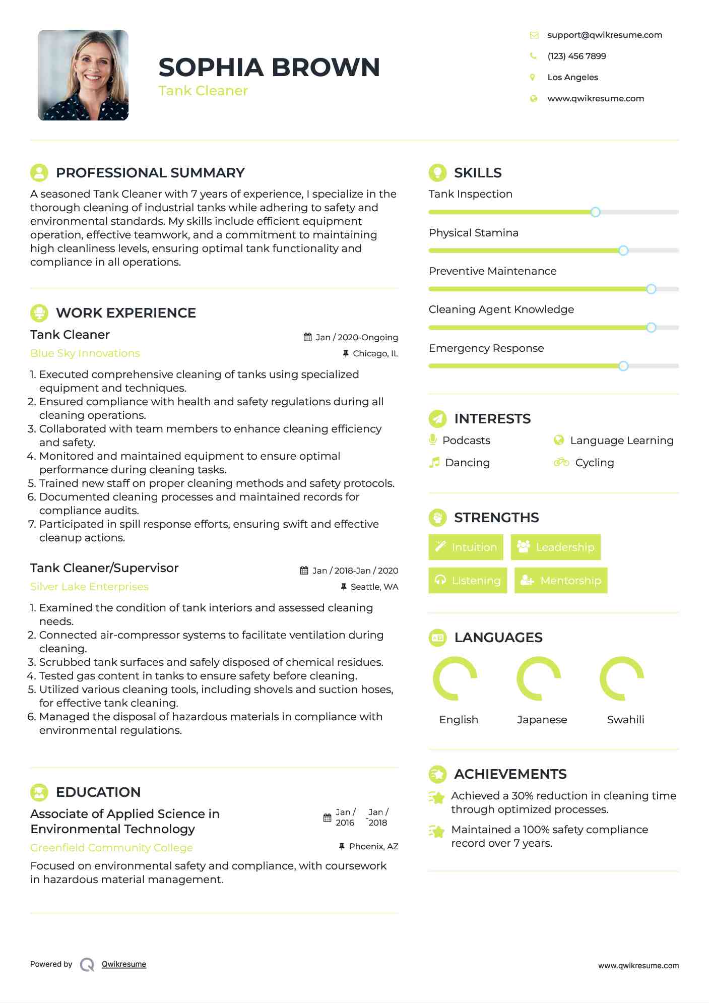 Tank Cleaner Resume Example