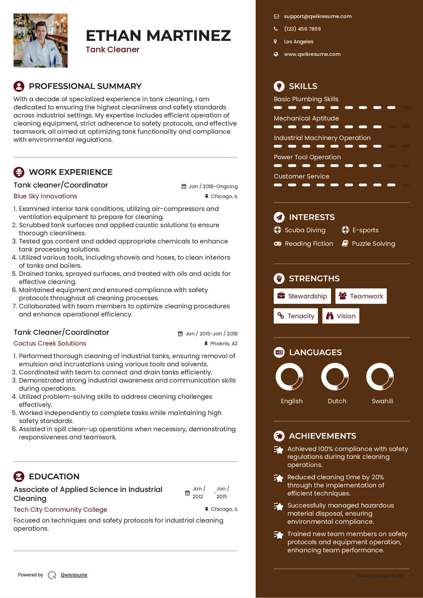 Tank cleaner/Coordinator Resume Template