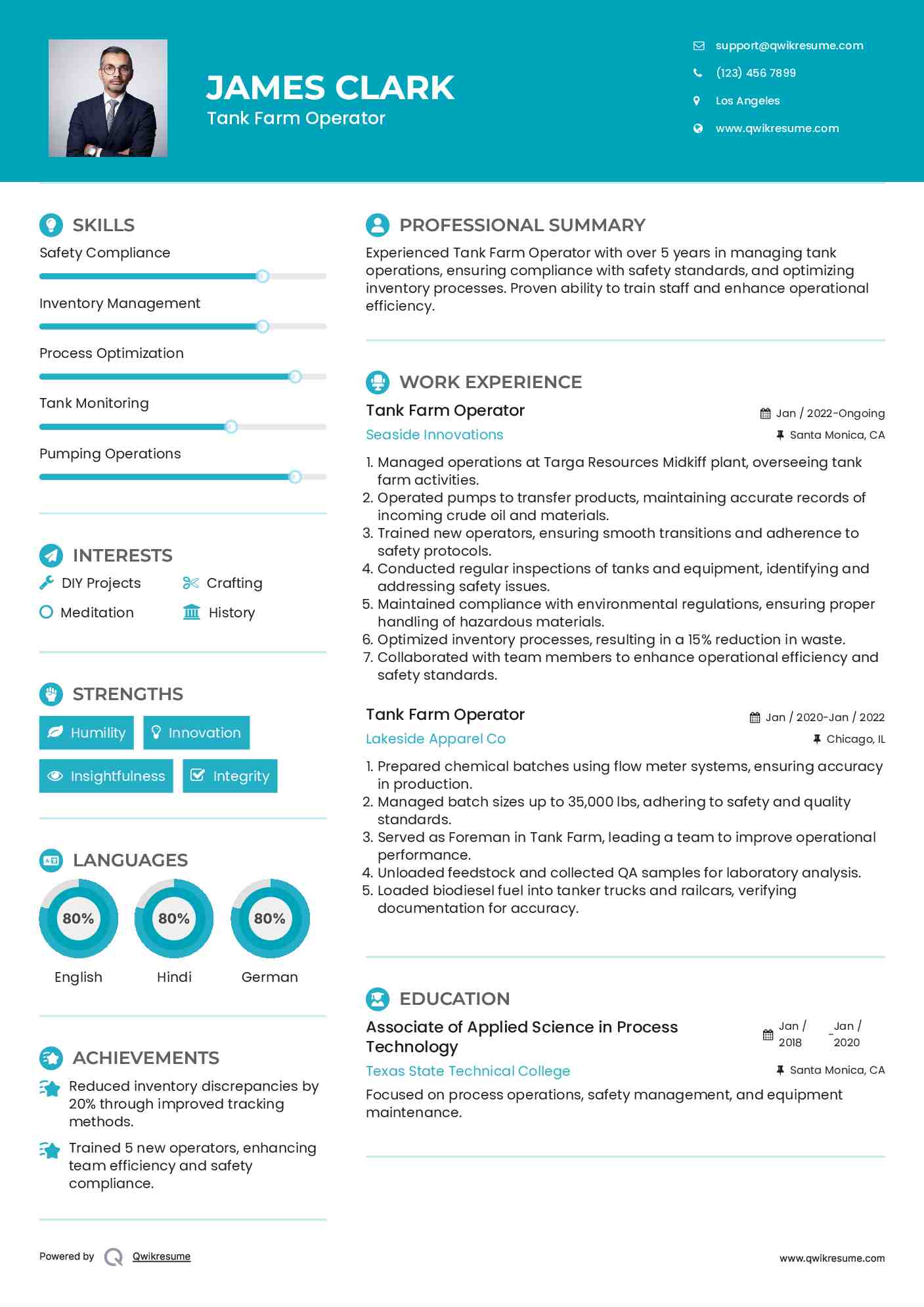 Tank Farm Operator Resume Sample