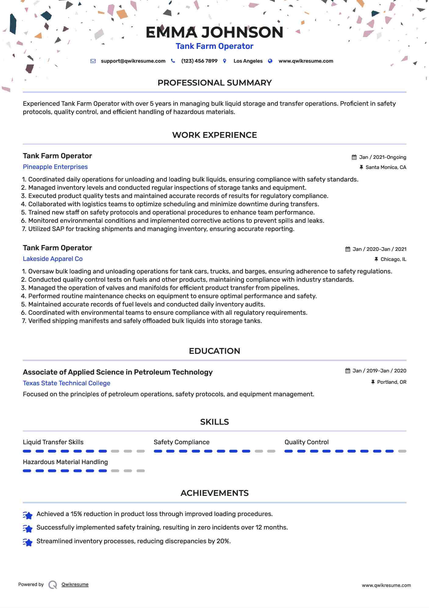 Tank Farm Operator Resume Example