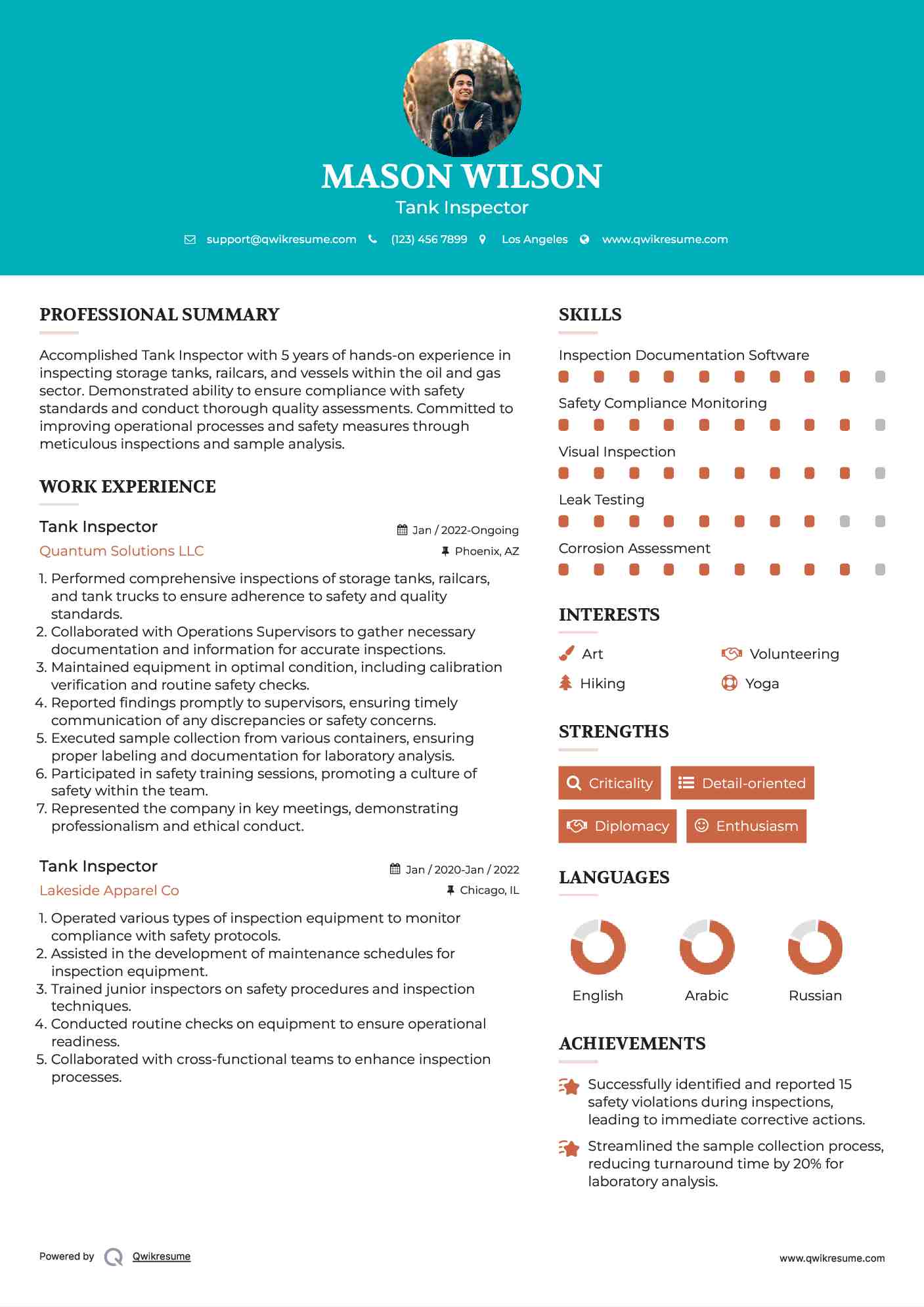 Tank Inspector Resume Sample