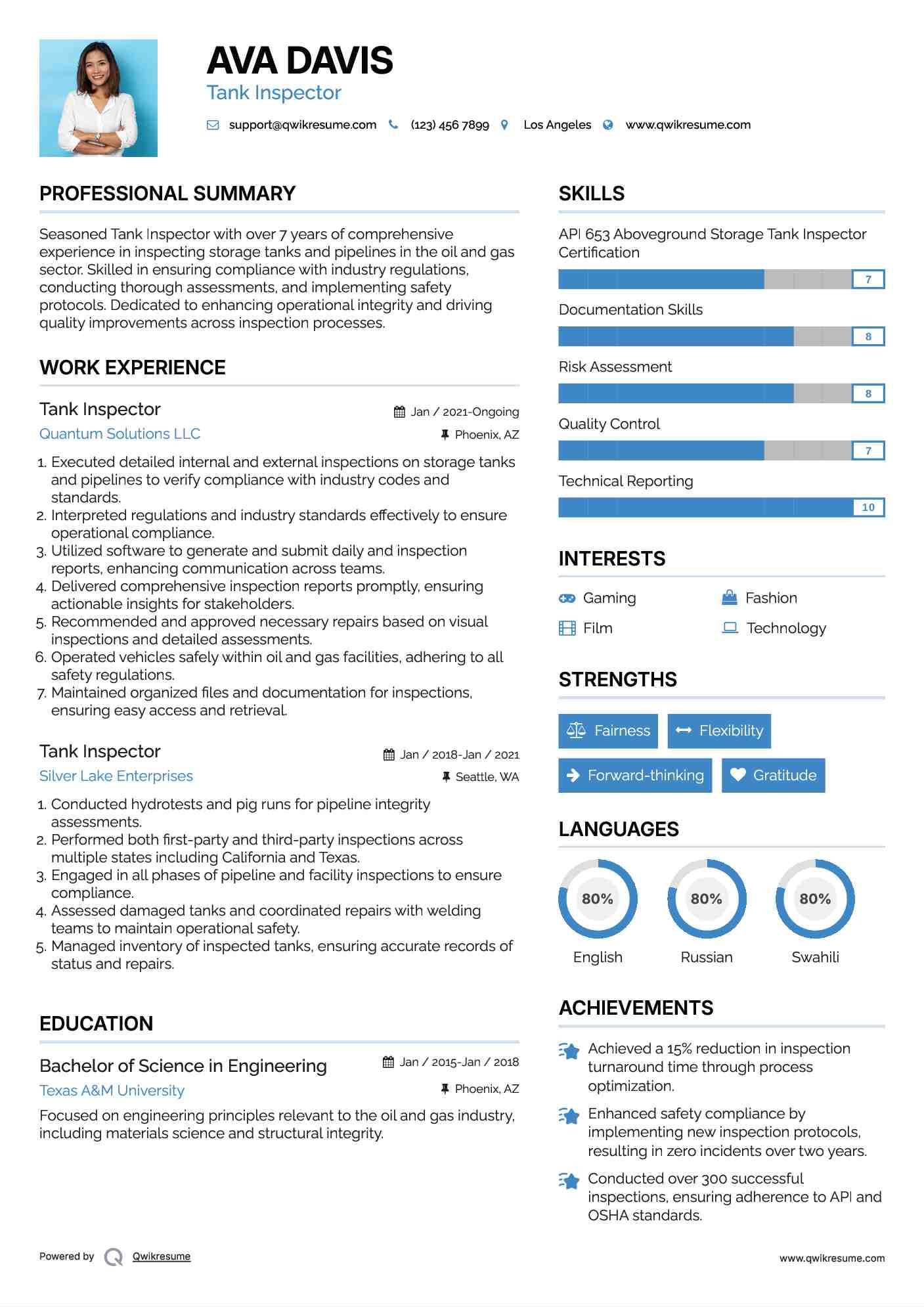 Tank Inspector Resume Example
