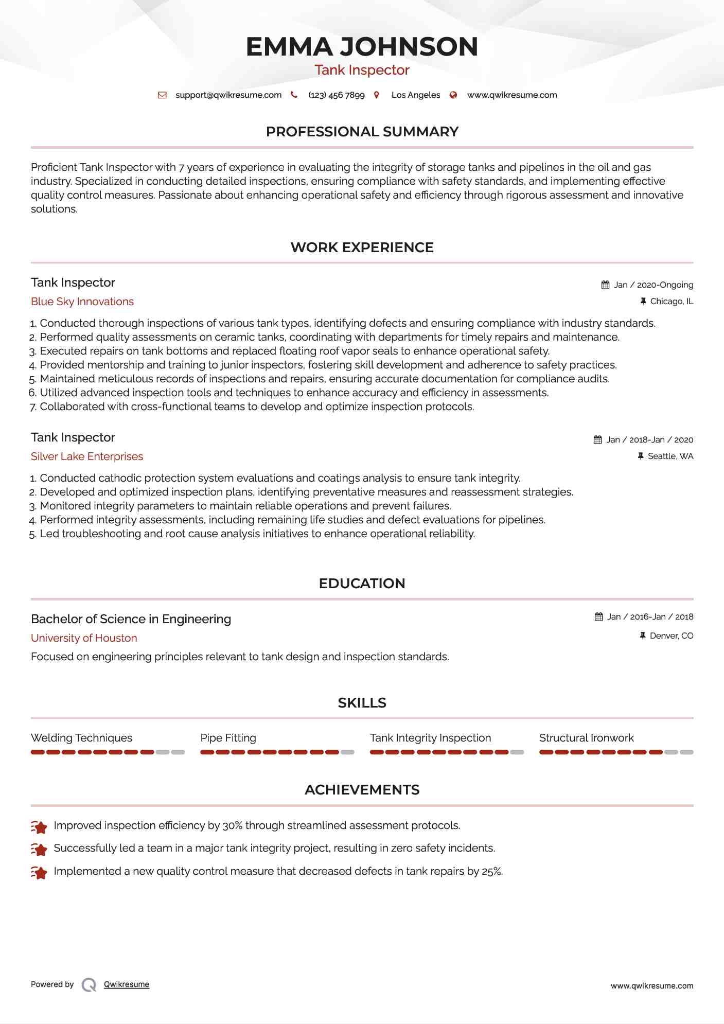 Tank Inspector Resume Format