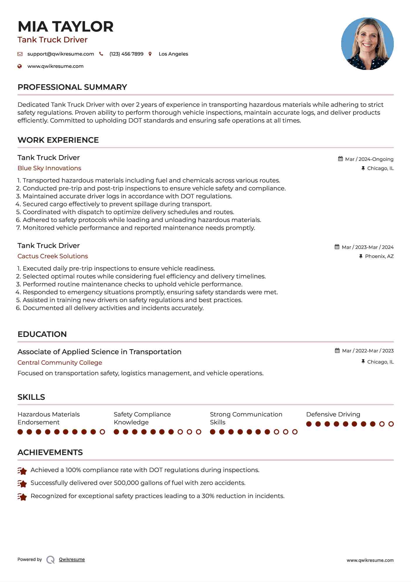 Tank Truck Driver Resume Template